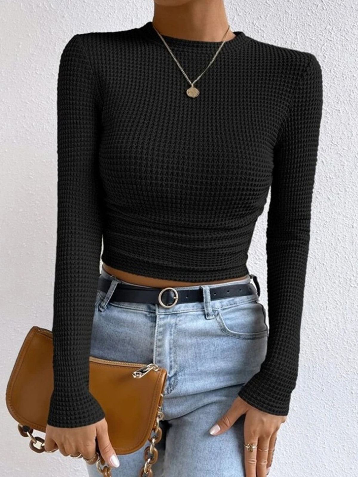 Fitted Waffle Knit Long Sleeve Top