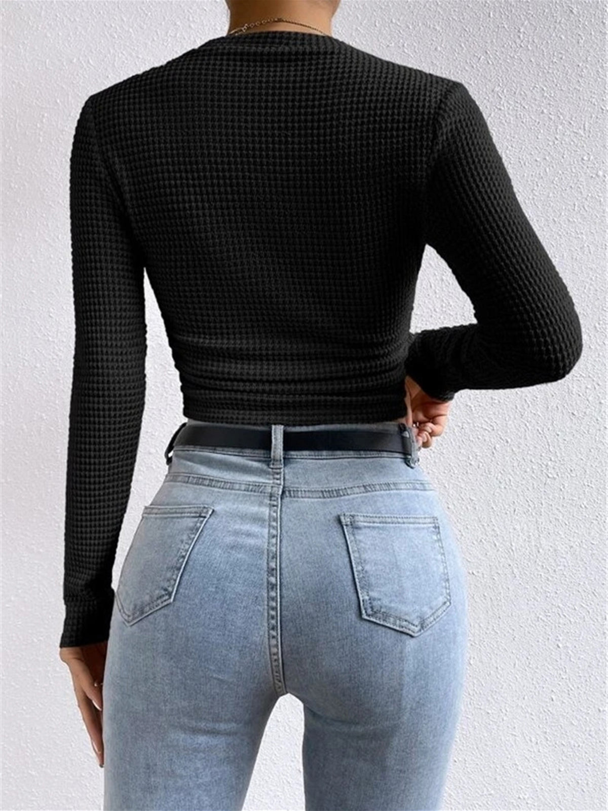 Fitted Waffle Knit Long Sleeve Top