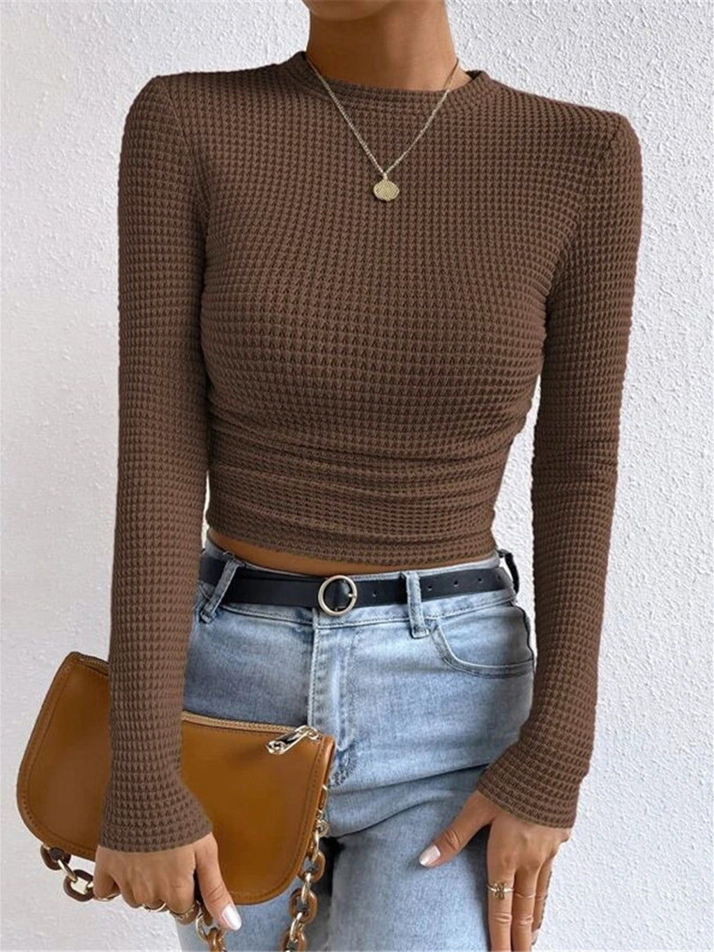 Fitted Waffle Knit Long Sleeve Top