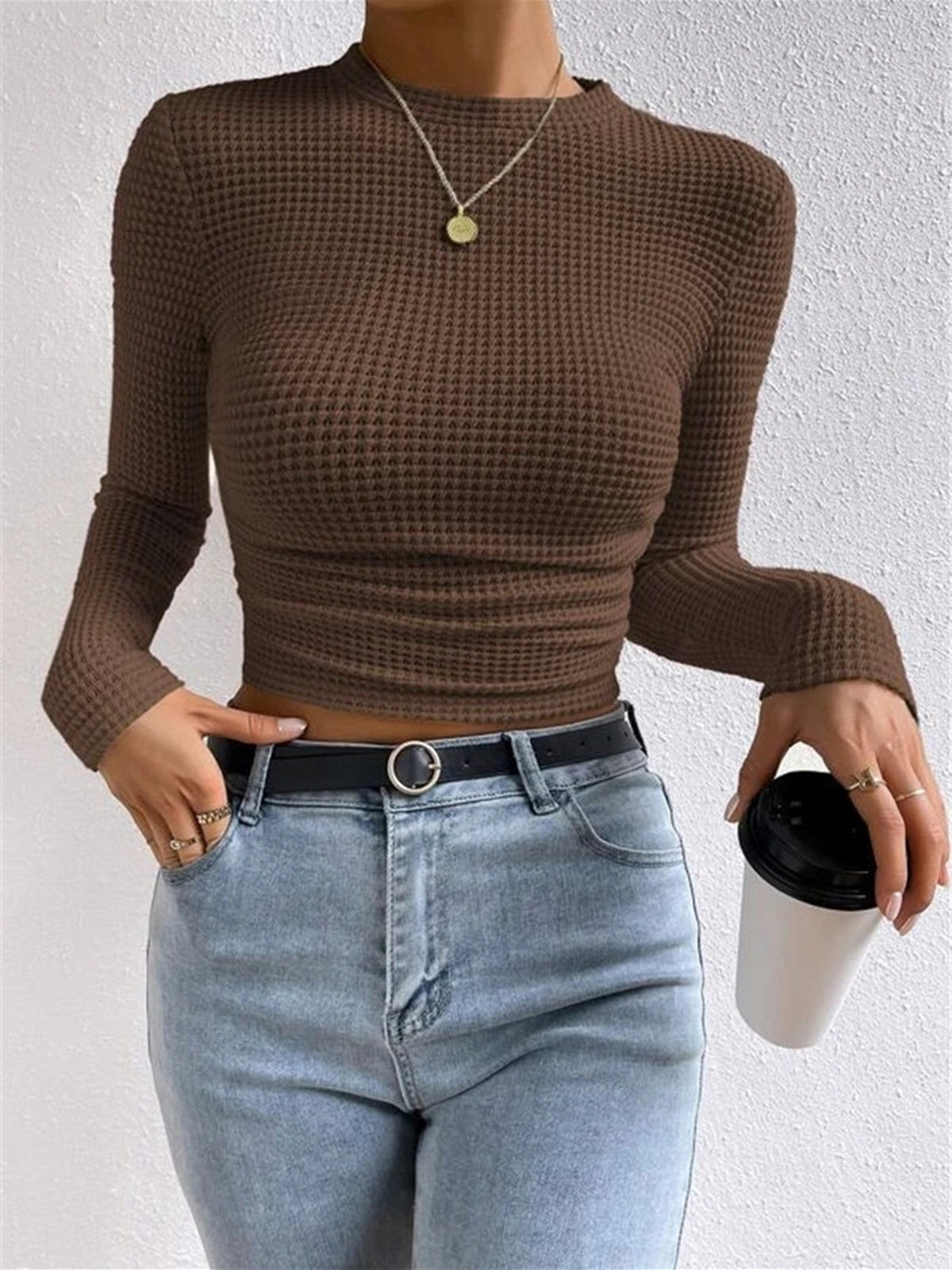 Fitted Waffle Knit Long Sleeve Top