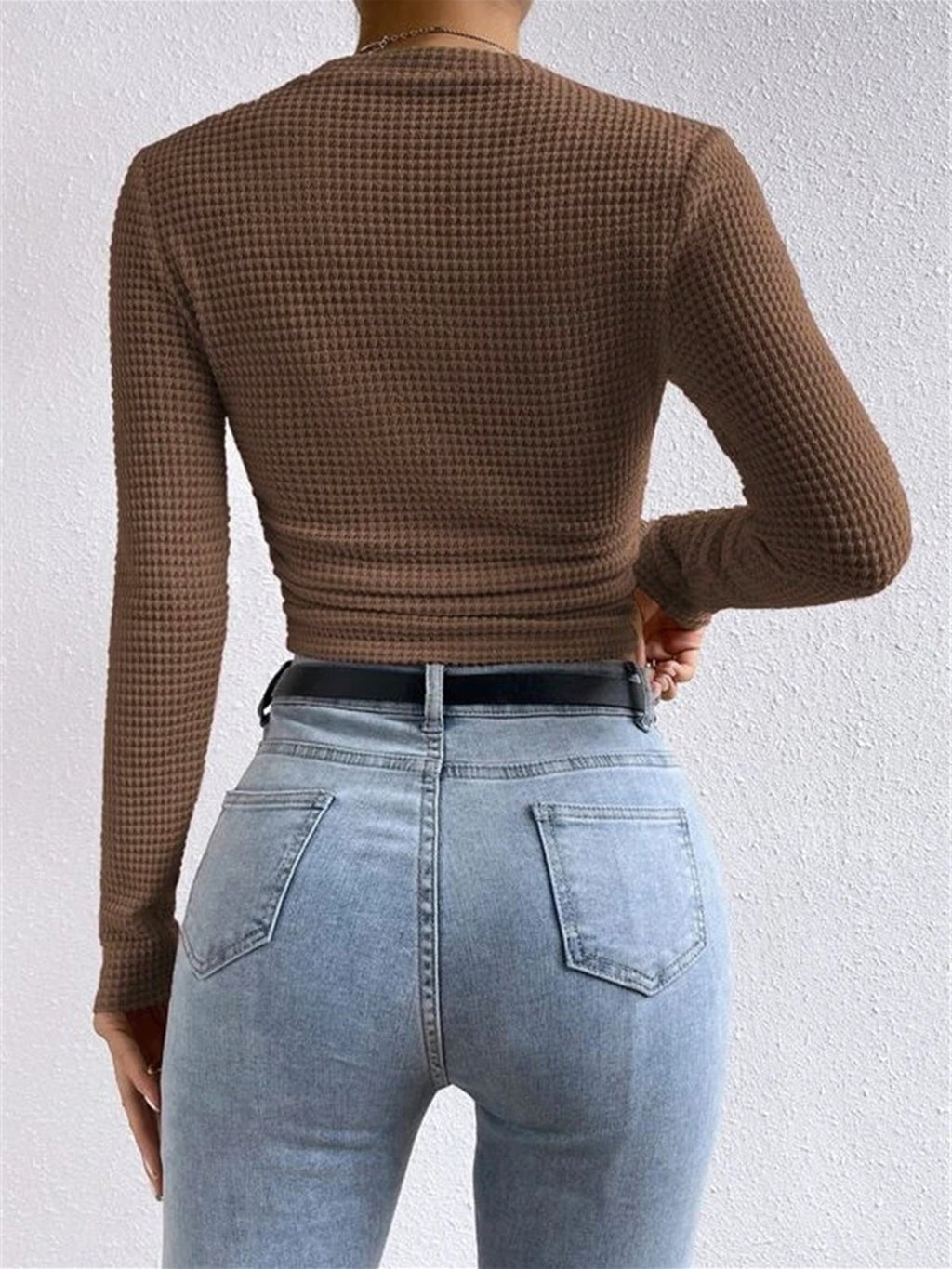 Fitted Waffle Knit Long Sleeve Top