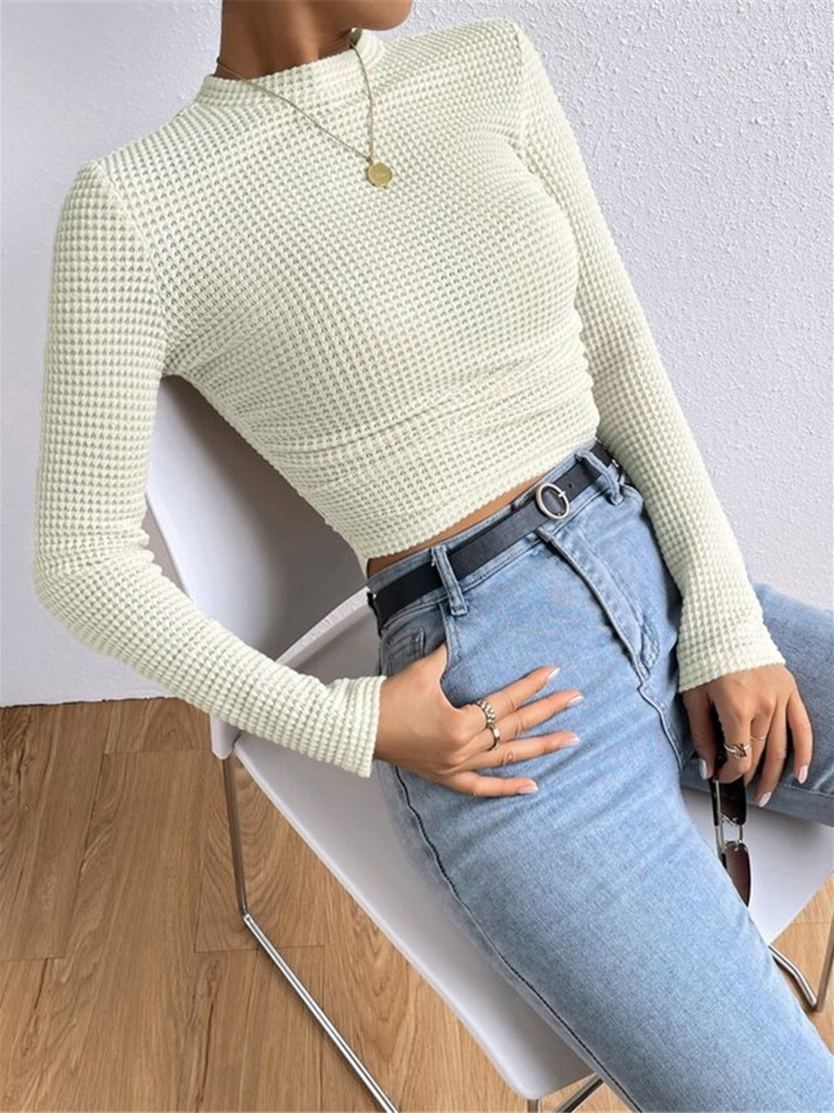 Fitted Waffle Knit Long Sleeve Top
