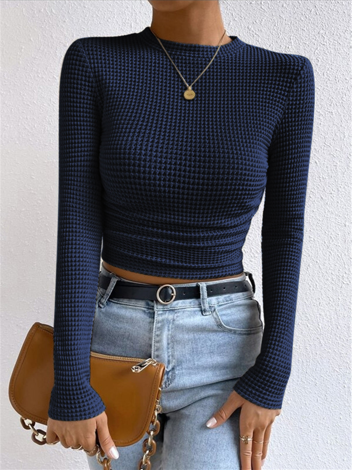 Fitted Waffle Knit Long Sleeve Top