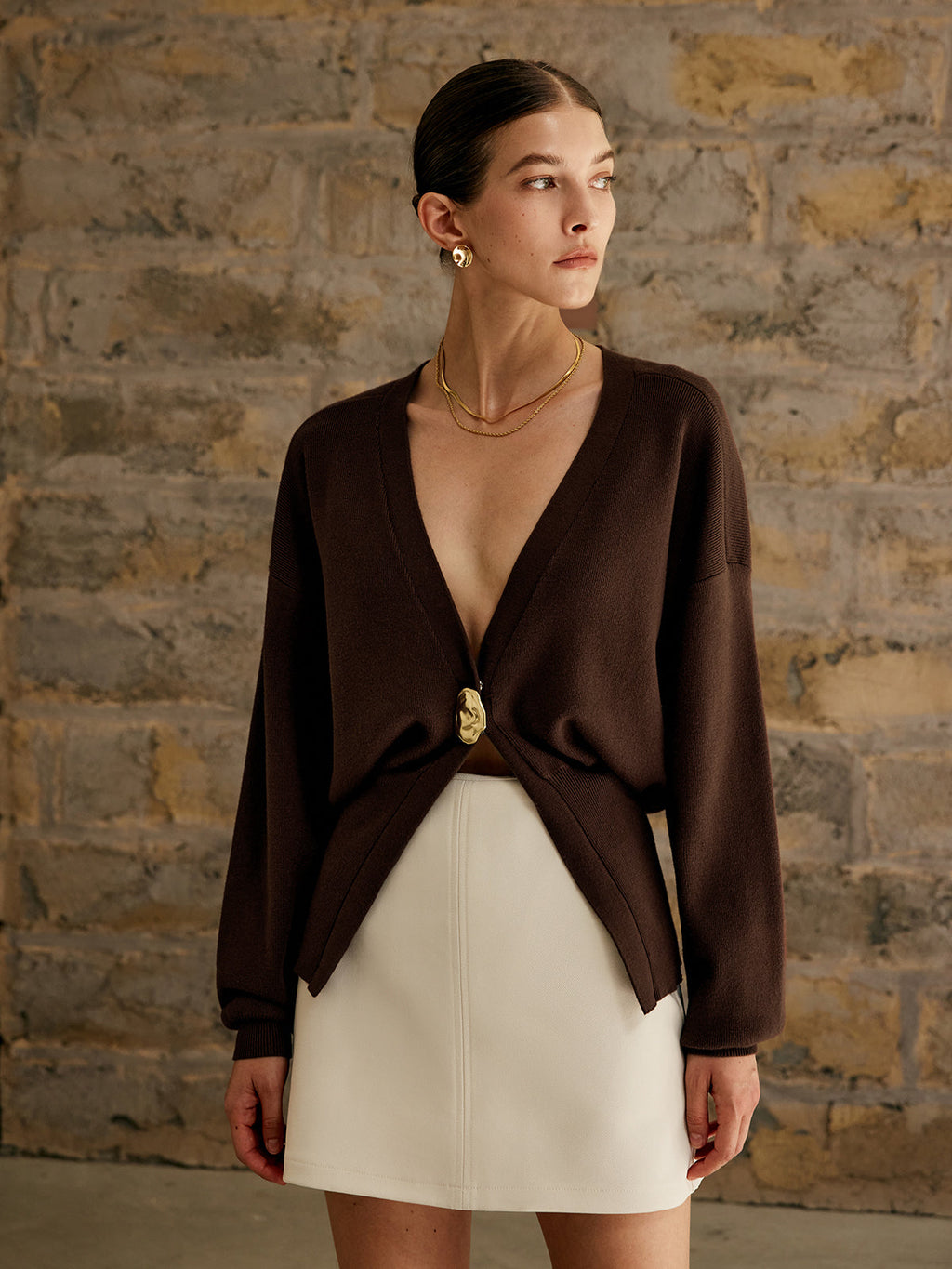 Deep V-Neck Knit Cardigan