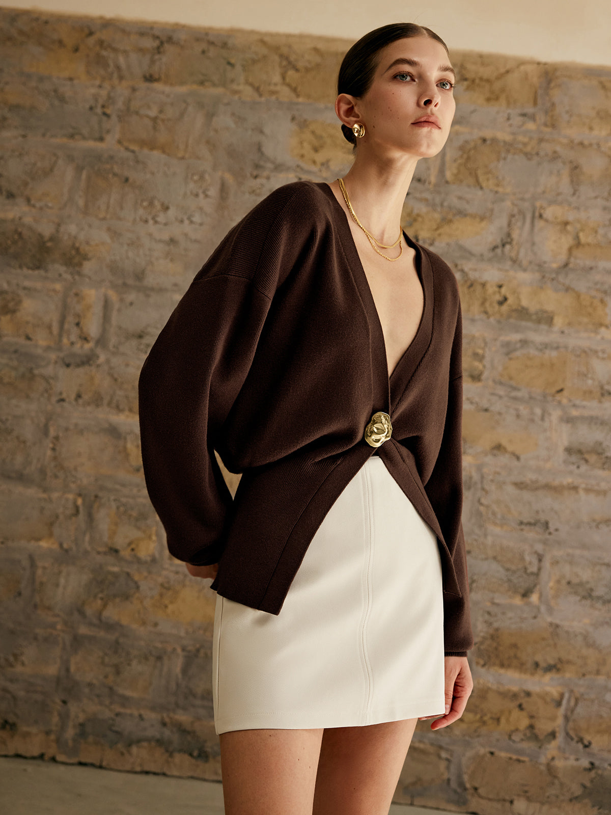 Deep V-Neck Knit Cardigan