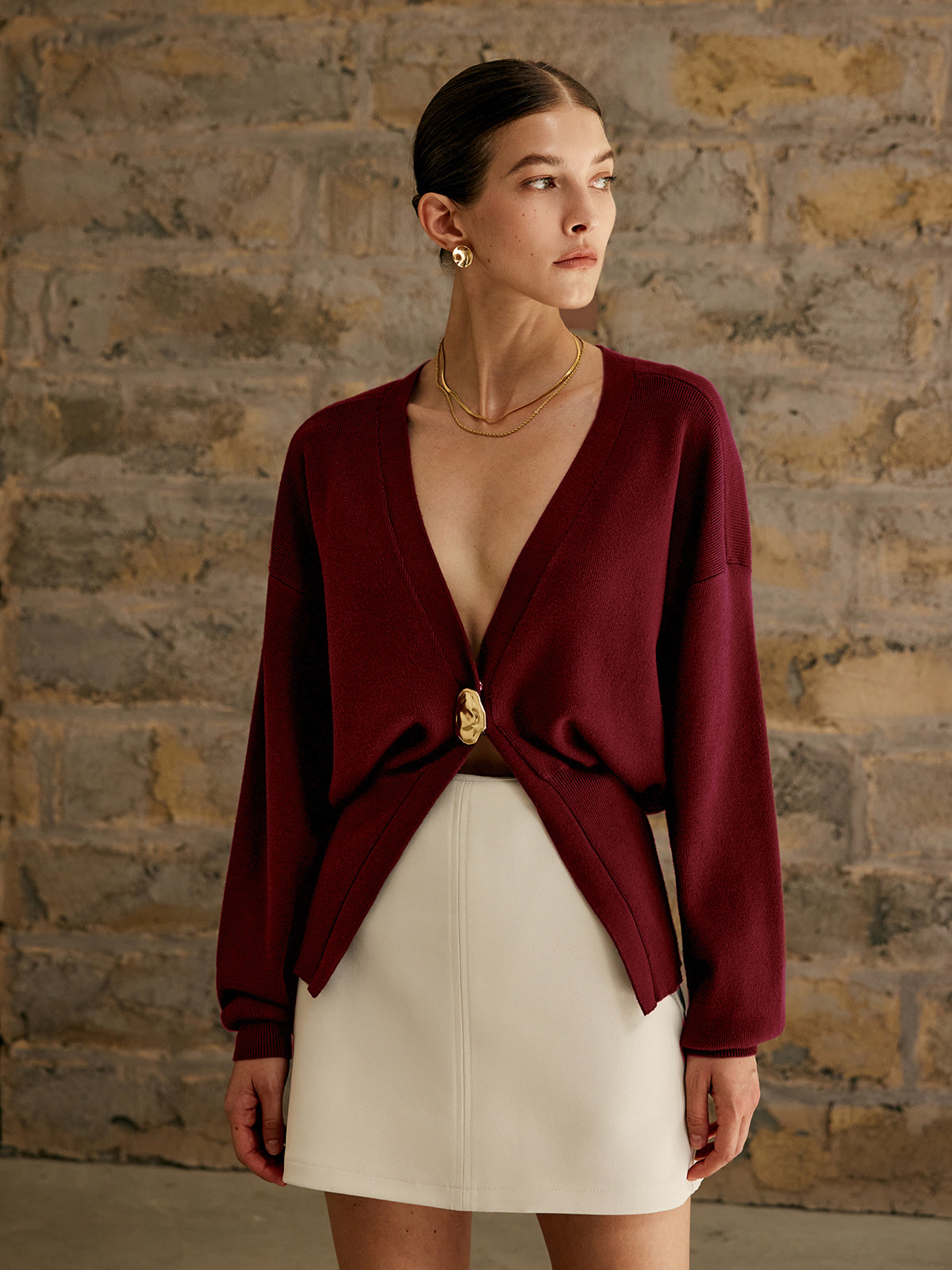 Deep V-Neck Knit Cardigan