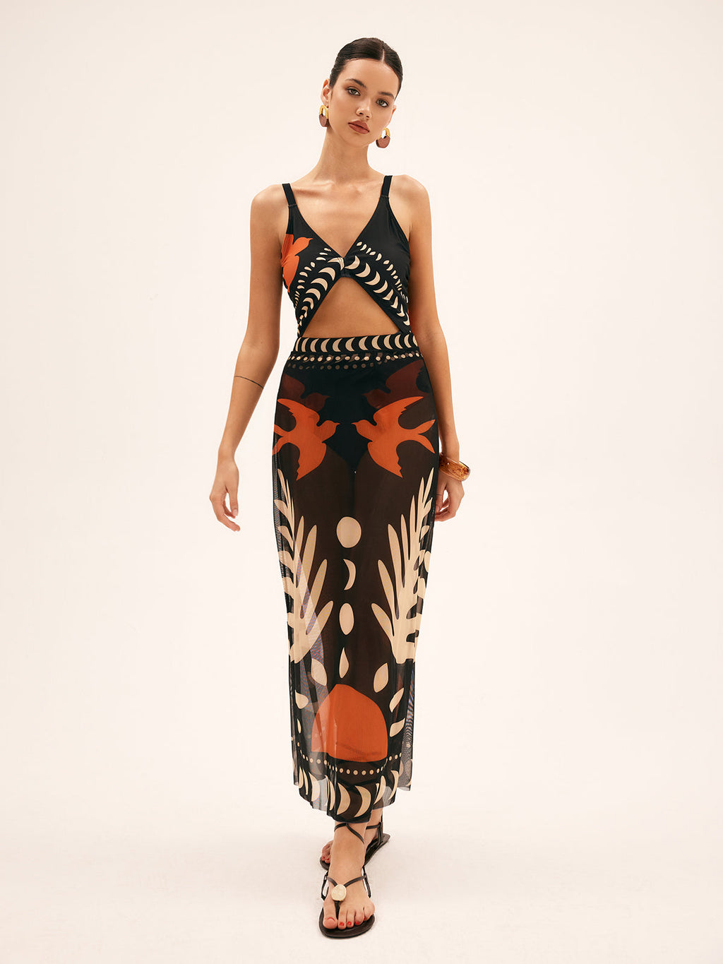 Printed Mesh Cut-Out Cover-Up Dress