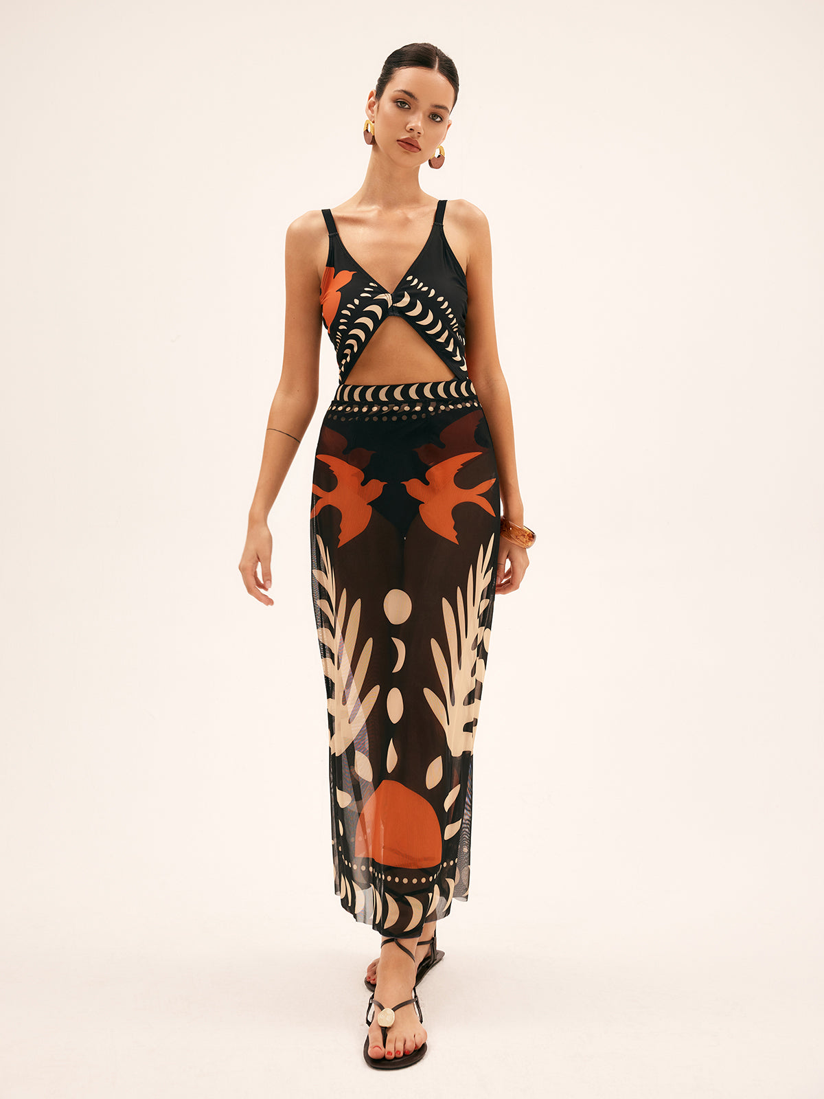 Printed Mesh Cut-Out Cover-Up Dress