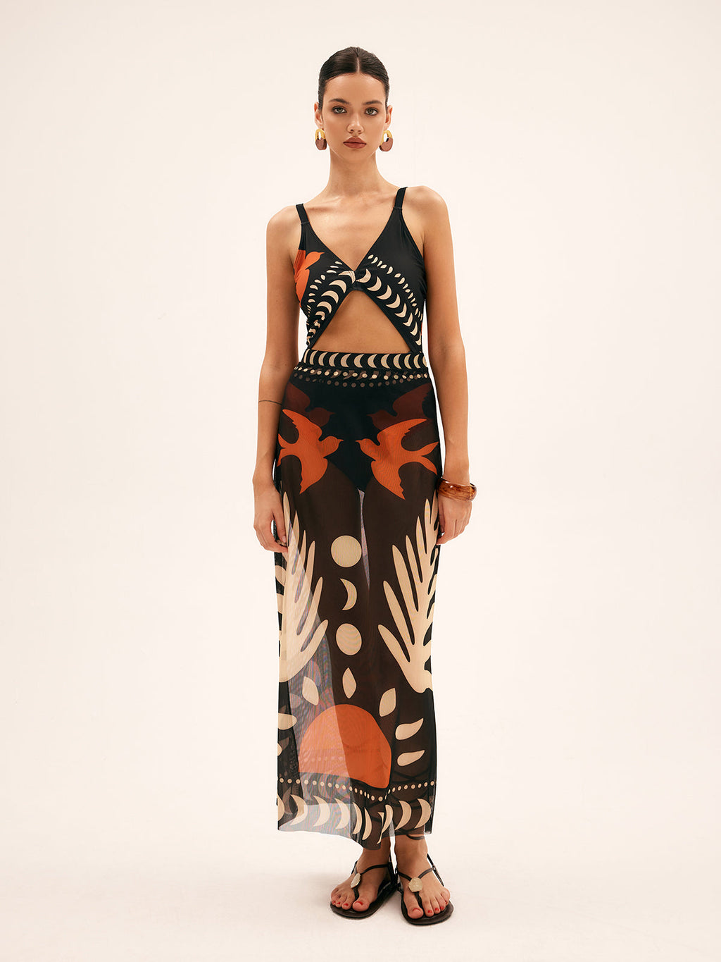 Printed Mesh Cut-Out Cover-Up Dress