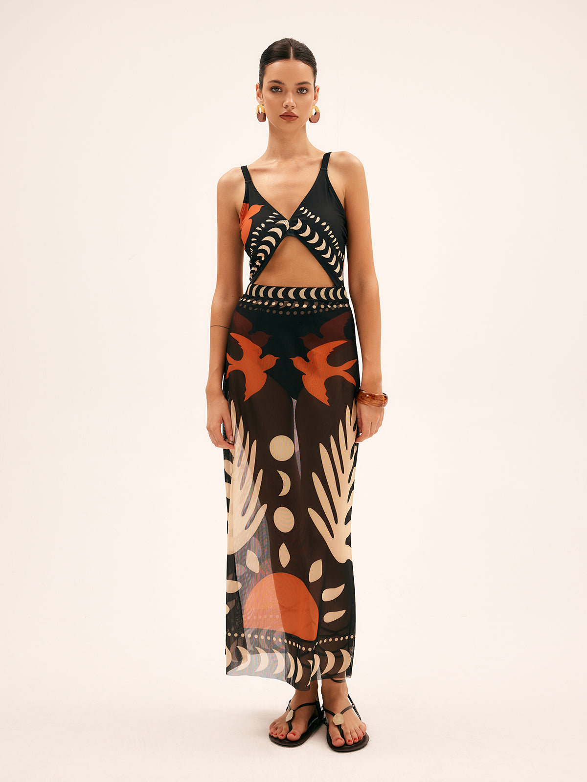 Printed Mesh Cut-Out Cover-Up Dress
