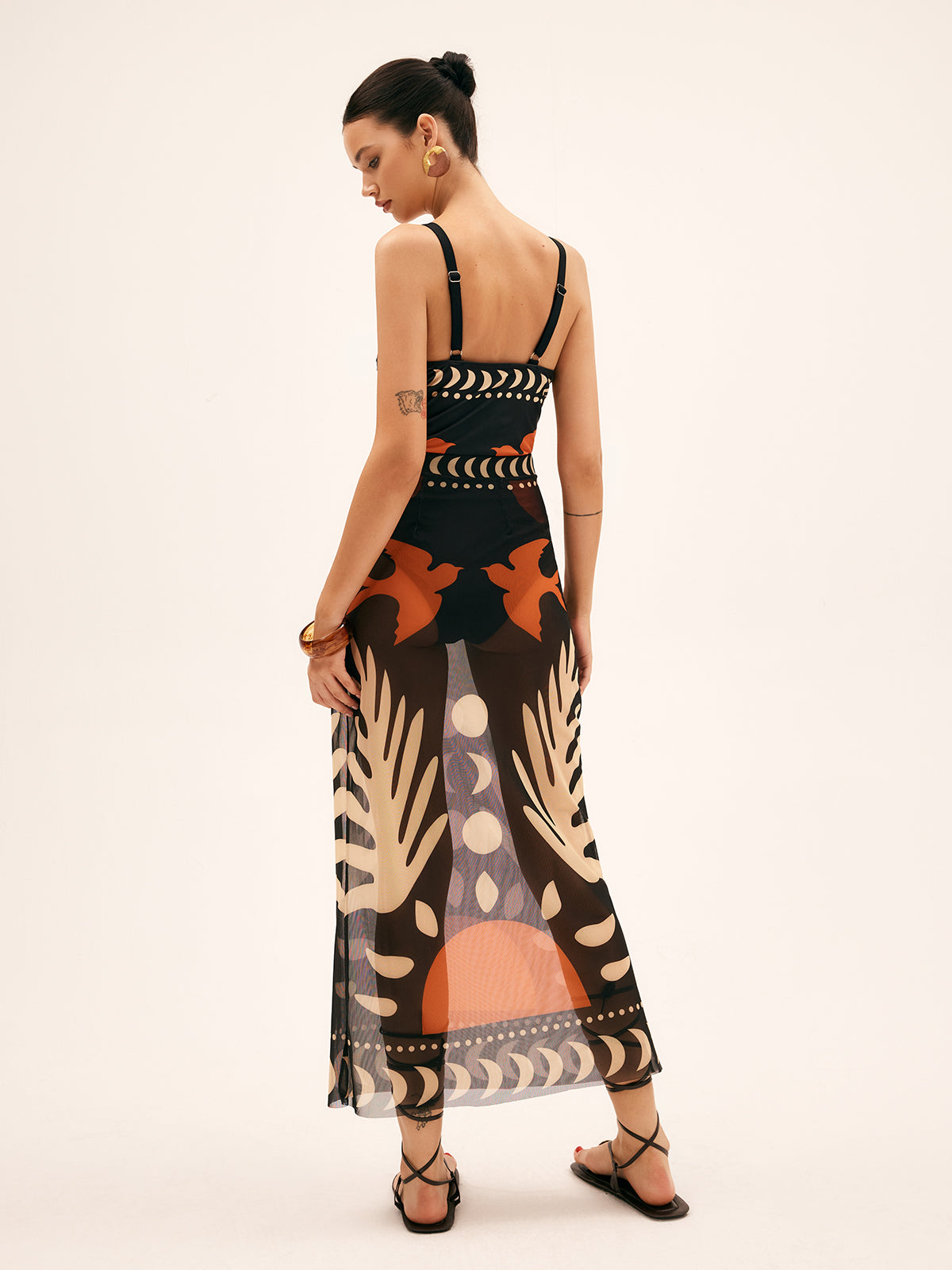 Printed Mesh Cut-Out Cover-Up Dress