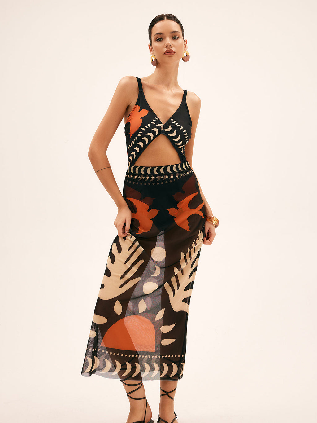Printed Mesh Cut-Out Cover-Up Dress