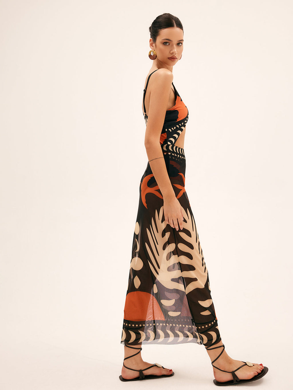 Printed Mesh Cut-Out Cover-Up Dress