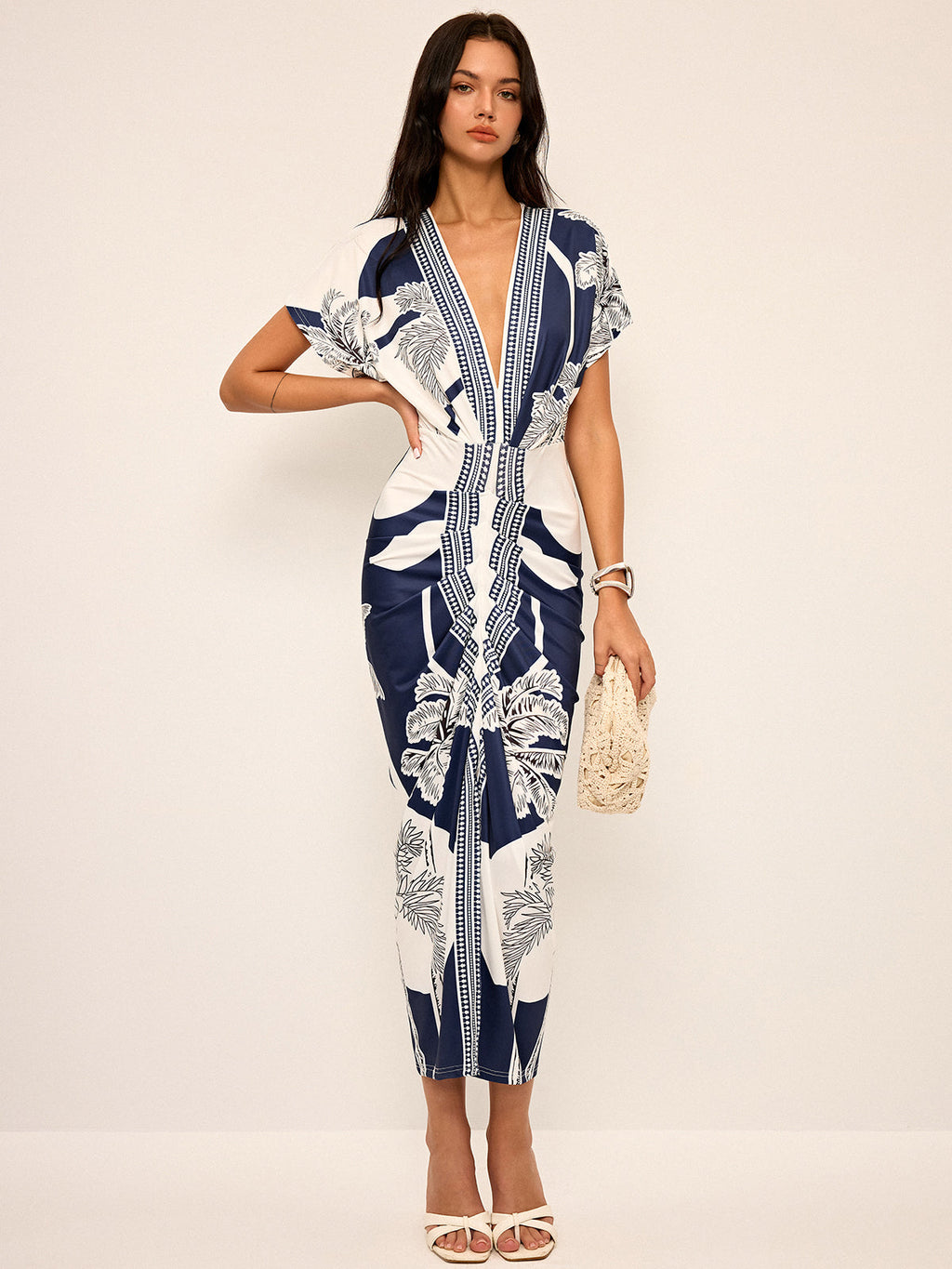 Printed V-Neck Midi Dress