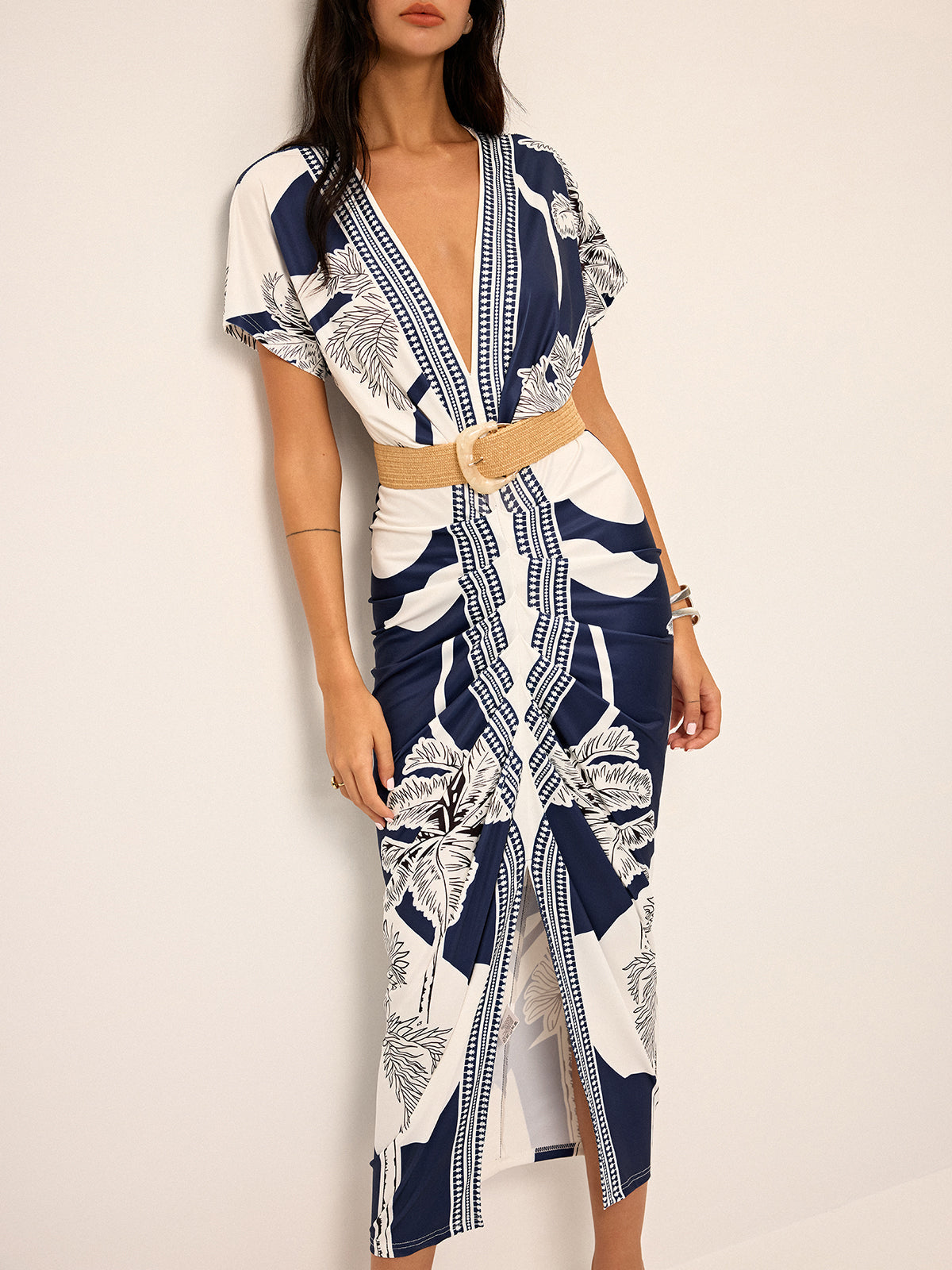 Printed V-Neck Midi Dress