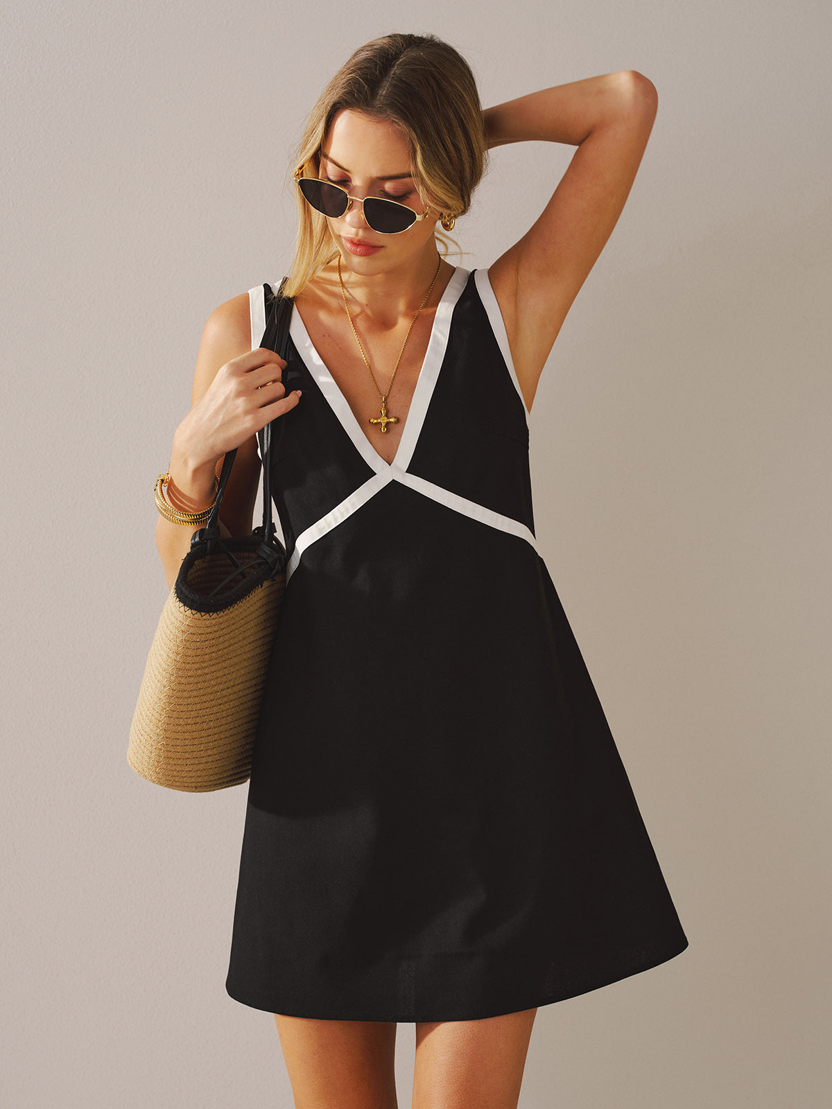 V-Neck Linen-Blend Mini Dress