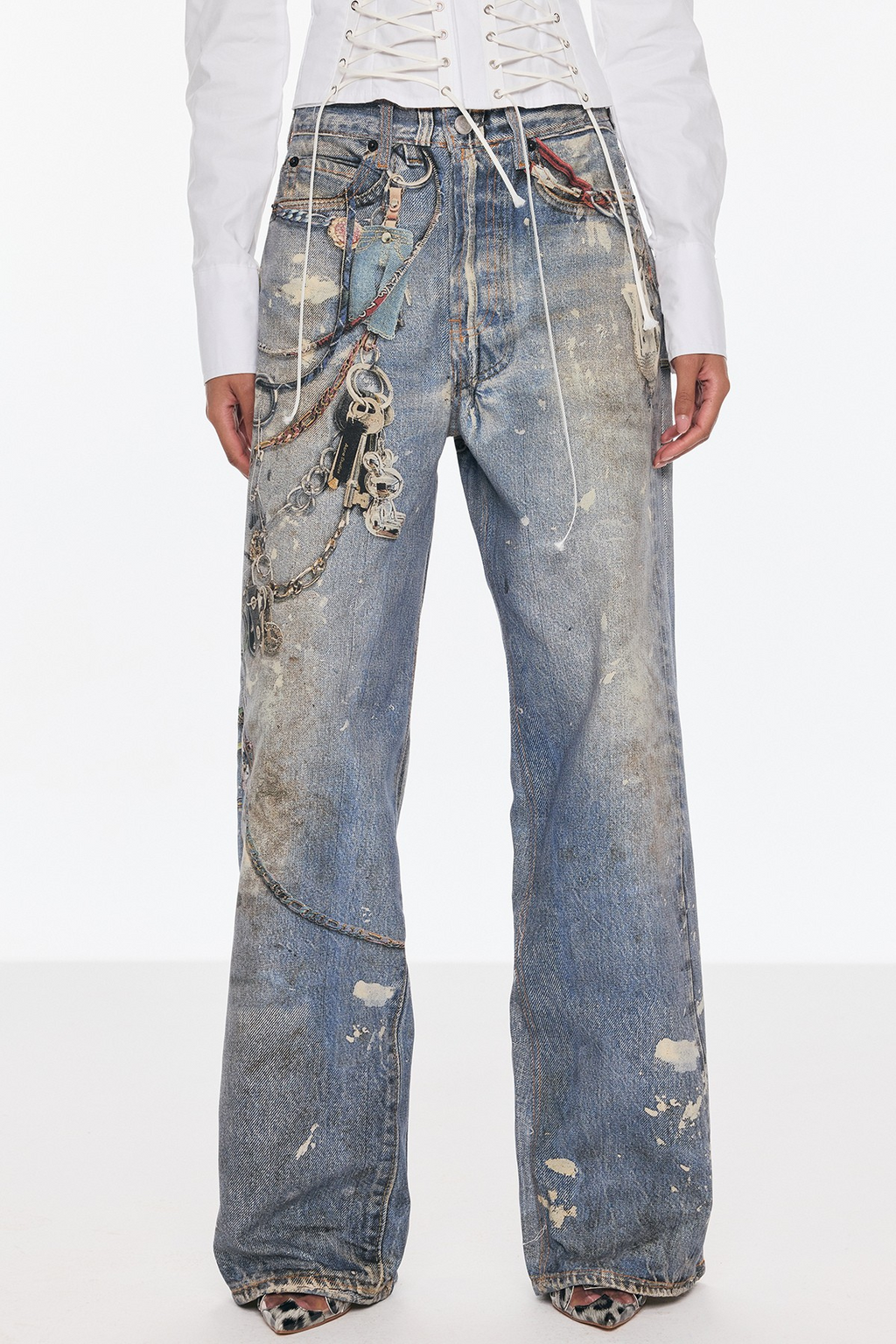 Wide-Leg Barrel Jeans with Chain Print