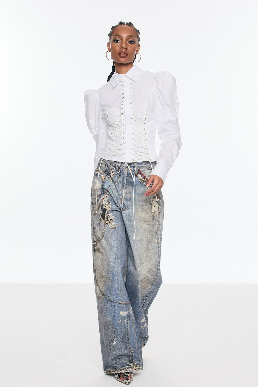 Wide-Leg Barrel Jeans with Chain Print