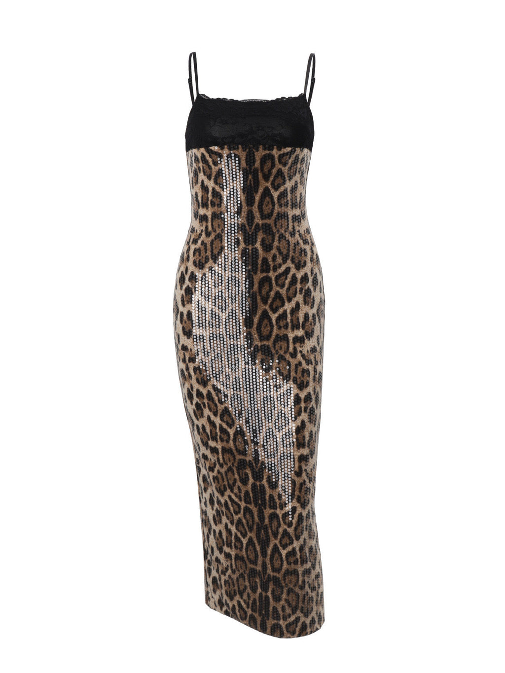 Sequin Leopard Print Midi Dress with Lace Bust