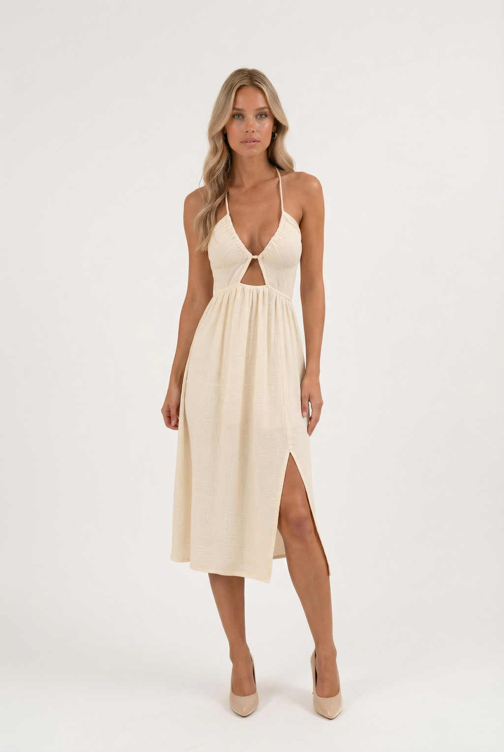 Midi Dress with Cut Out Front and Side Slit
