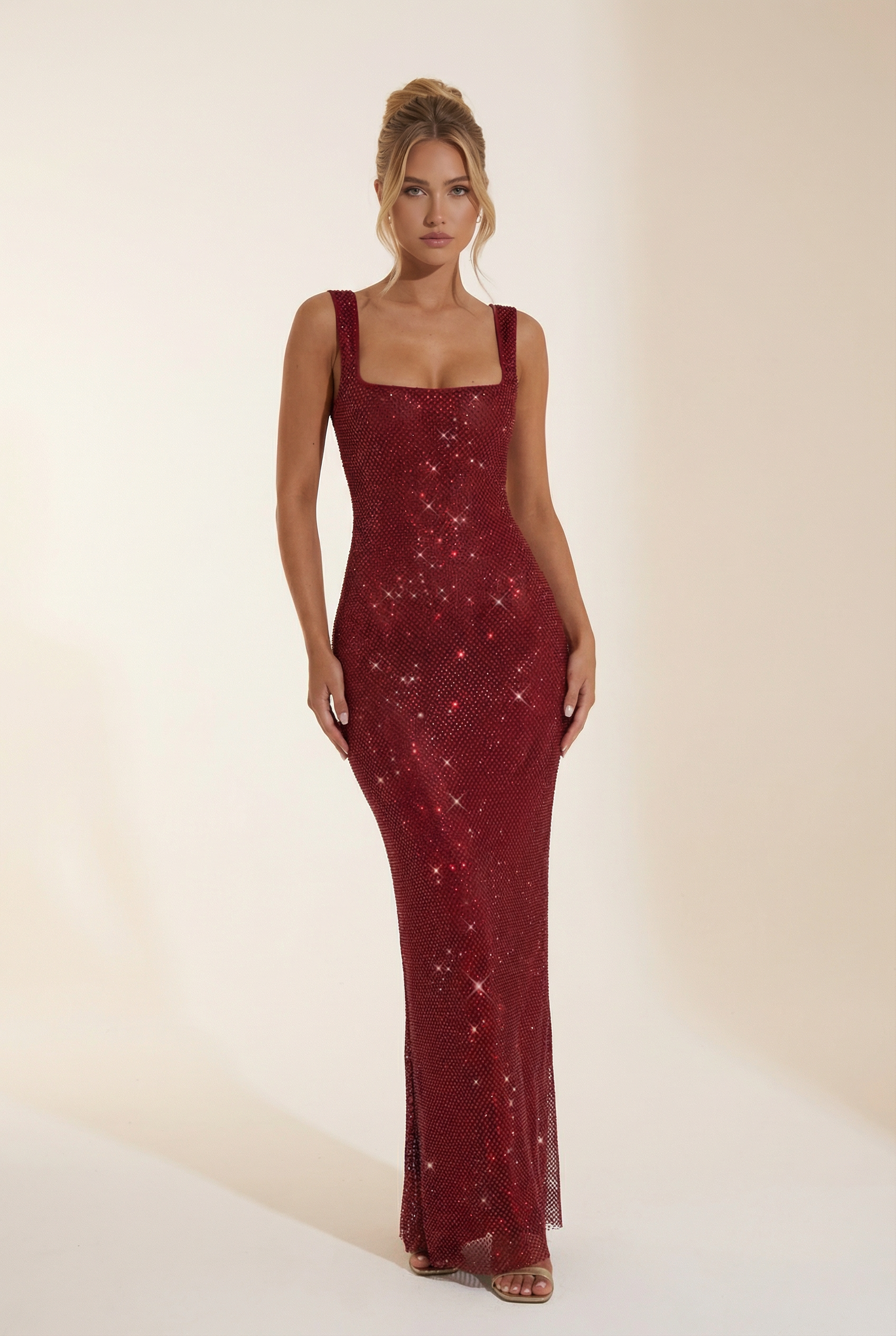 Embellished Square-Neck Evening Gown