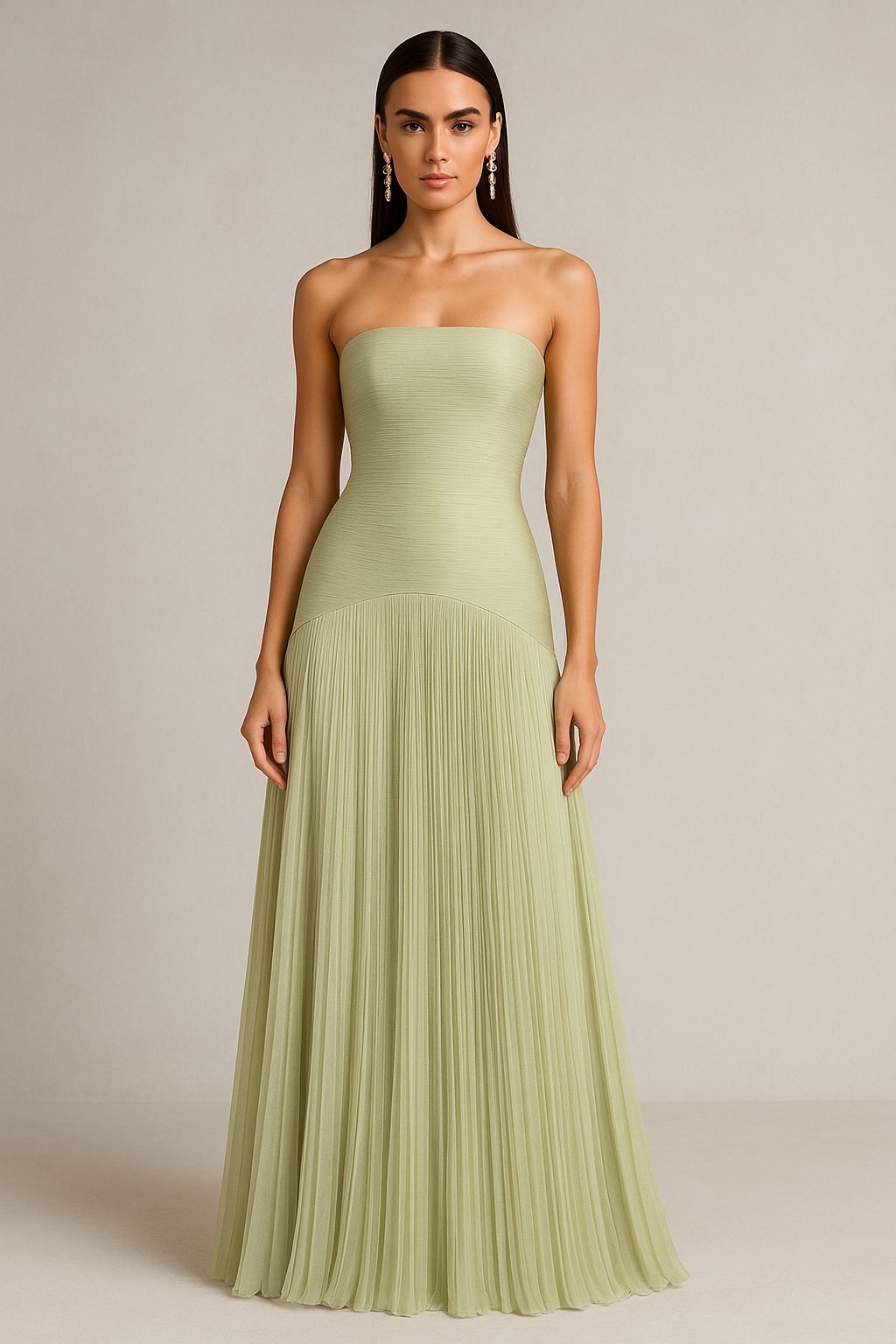 Strapless Pleated Green Wedding Guest Maxi Dress