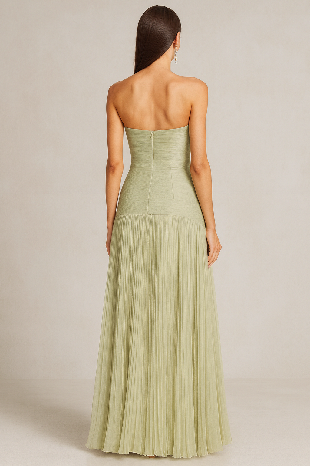 Strapless Pleated Green Wedding Guest Maxi Dress