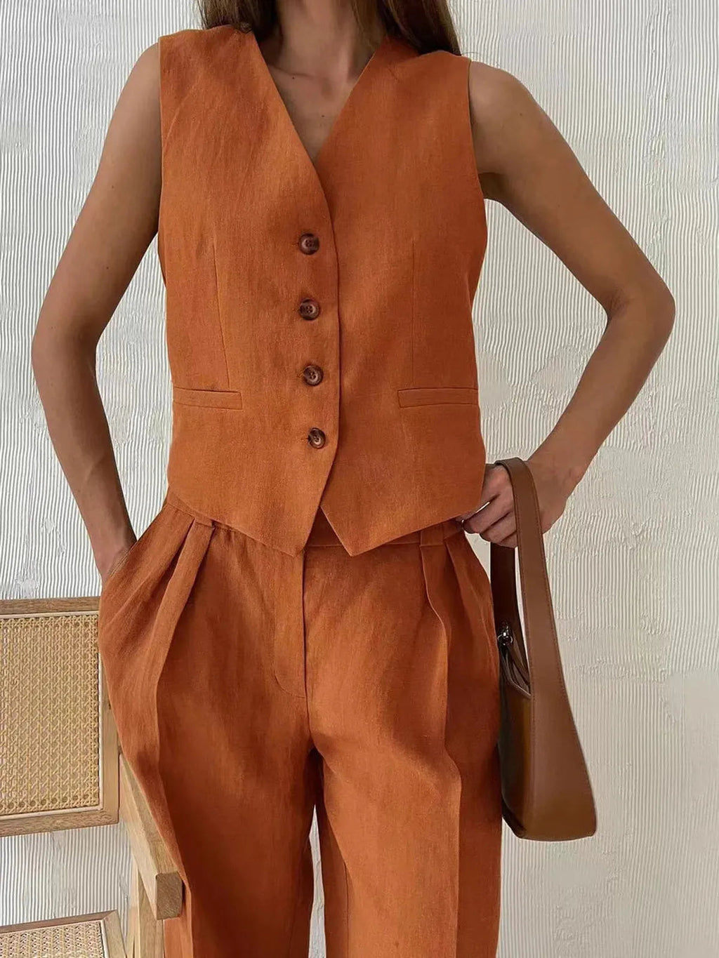 Cotton Linen Waistcoat Trouser Set