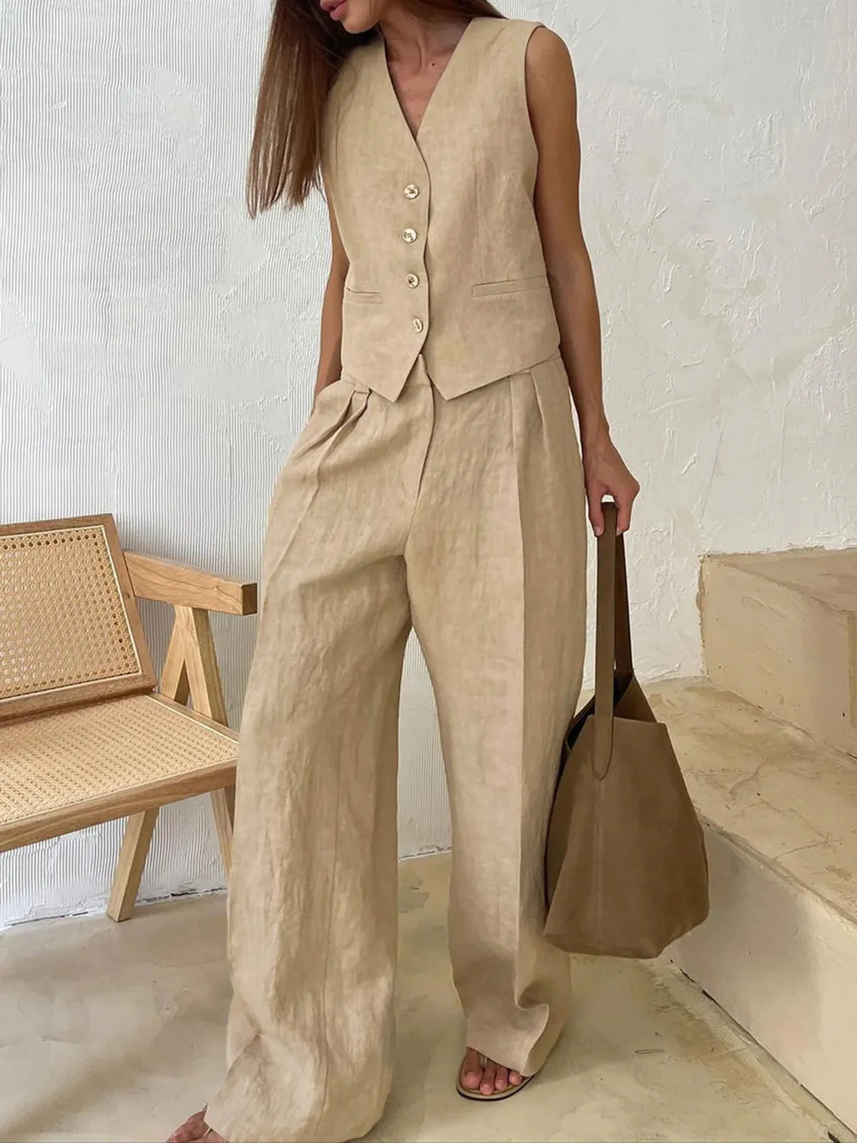Cotton Linen Waistcoat Trouser Set