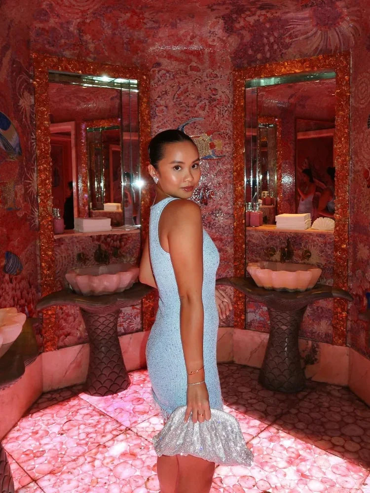 Sheer Sequin Knit Mini Dress