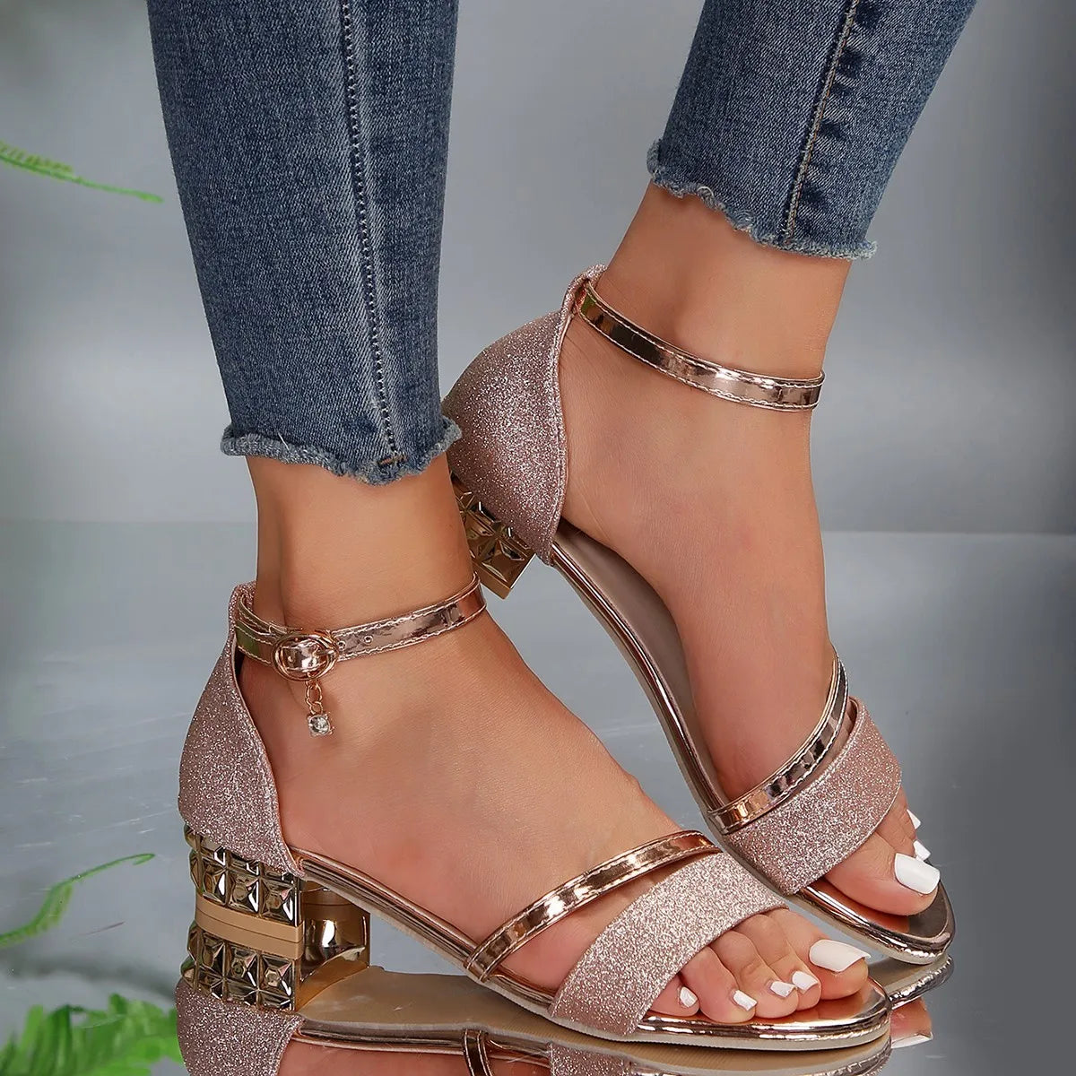 Block Heel Sandals with Metallic Detailing