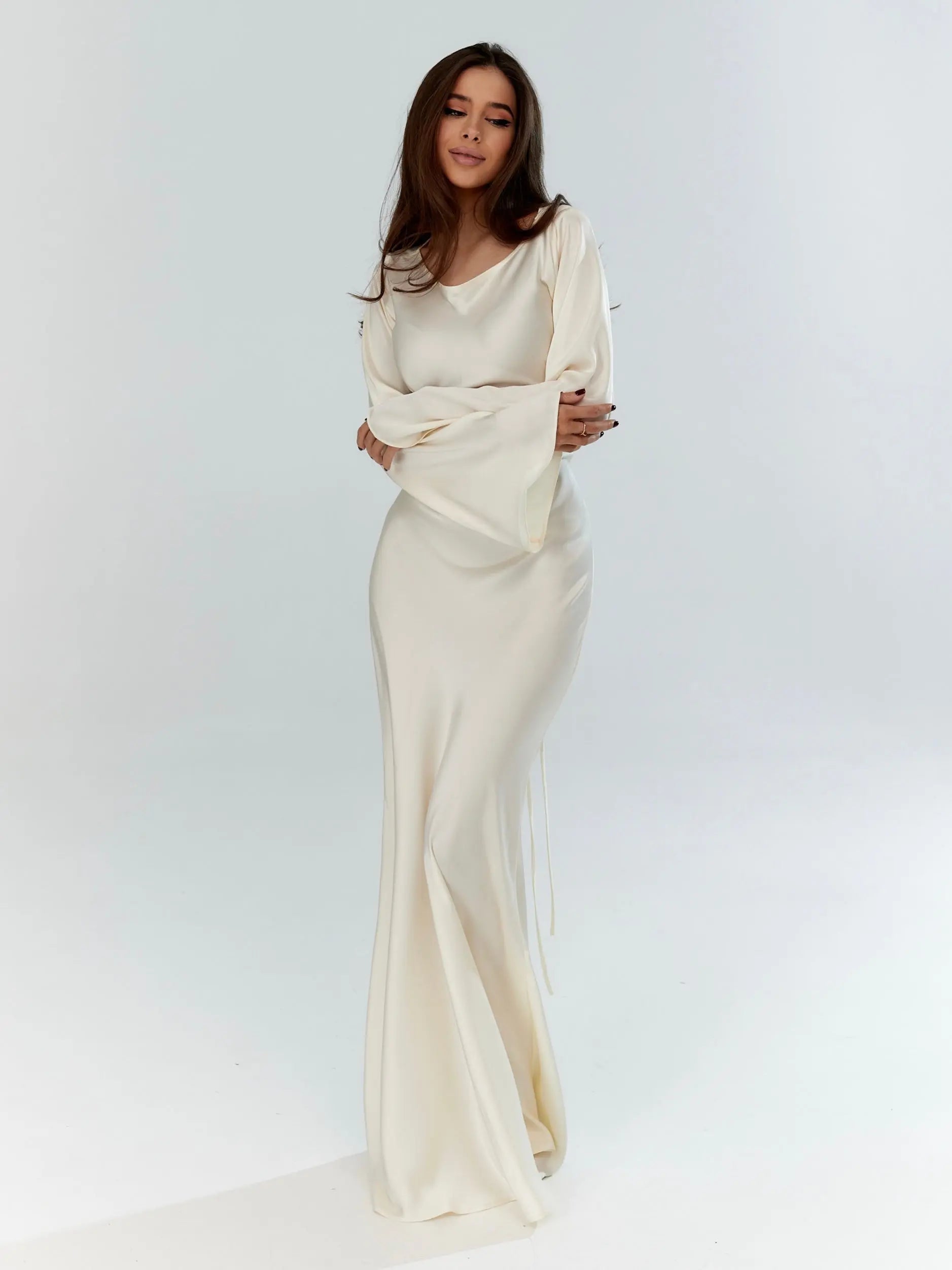 Elegant Wedding Guest Long Sleeve Satin Maxi Dress
