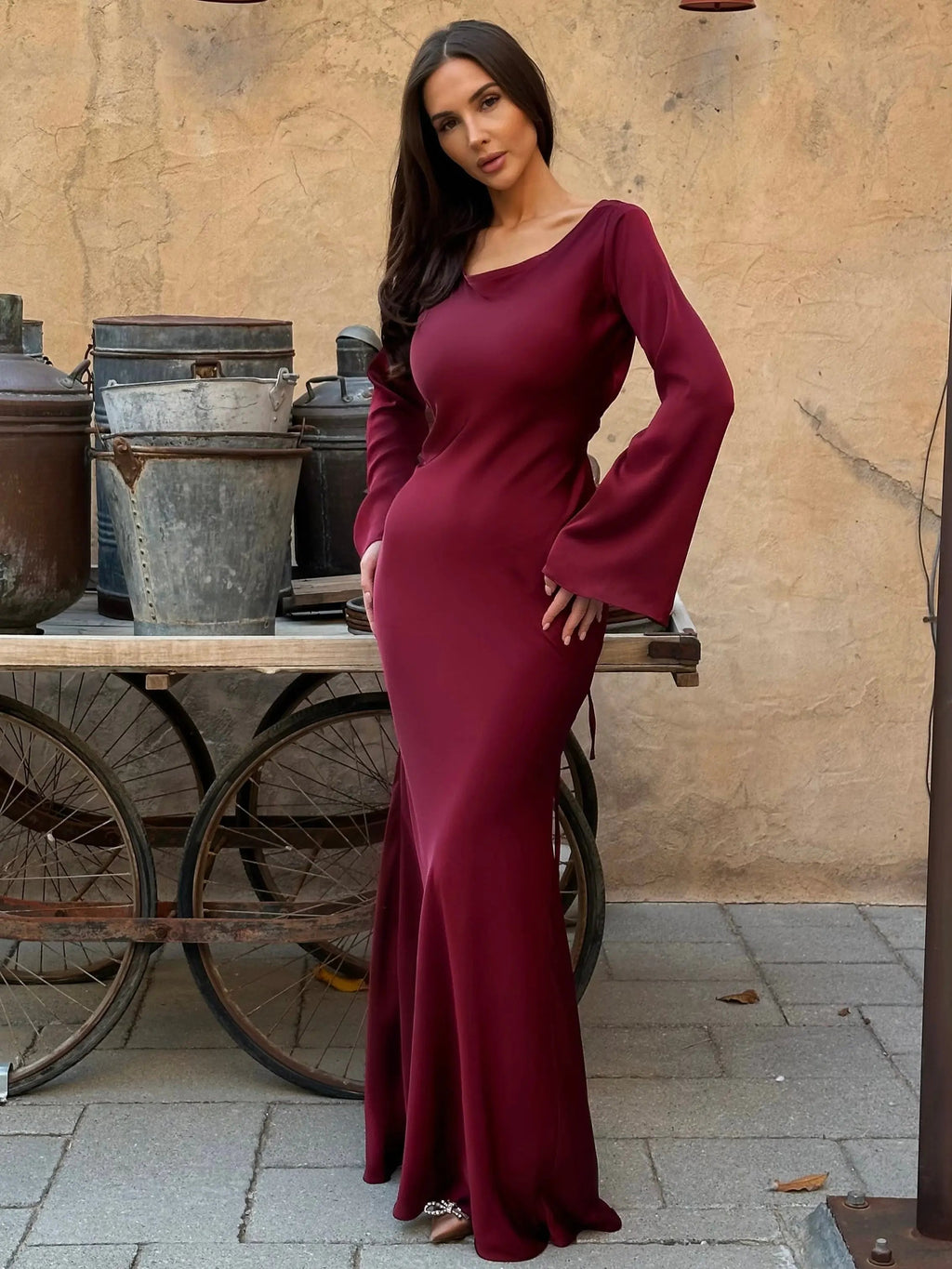 Elegant Wedding Guest Long Sleeve Satin Maxi Dress