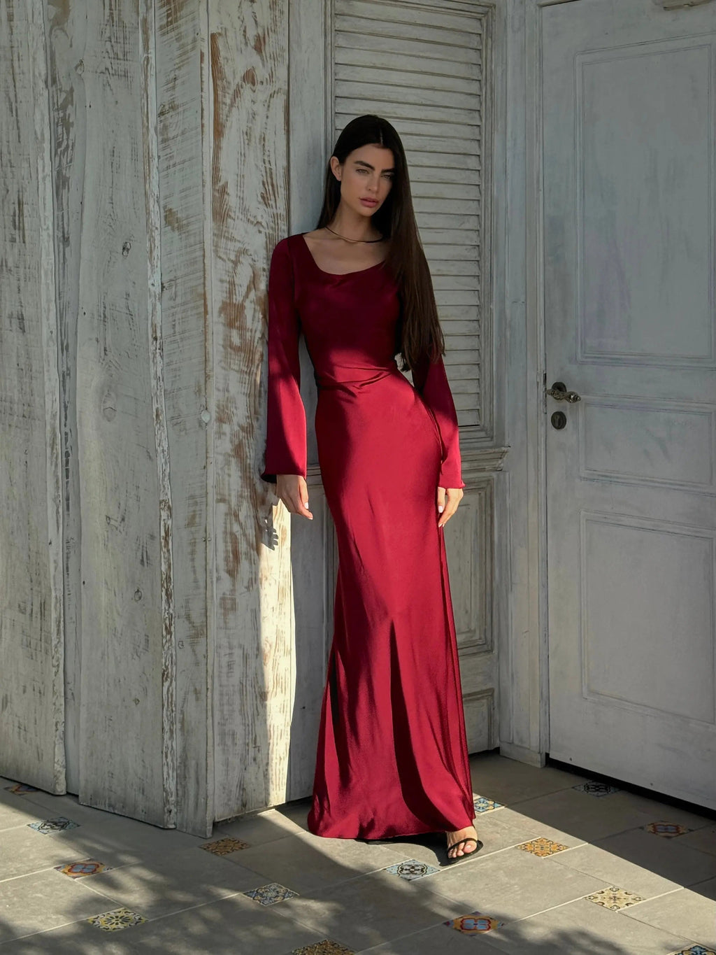 Elegant Wedding Guest Long Sleeve Satin Maxi Dress