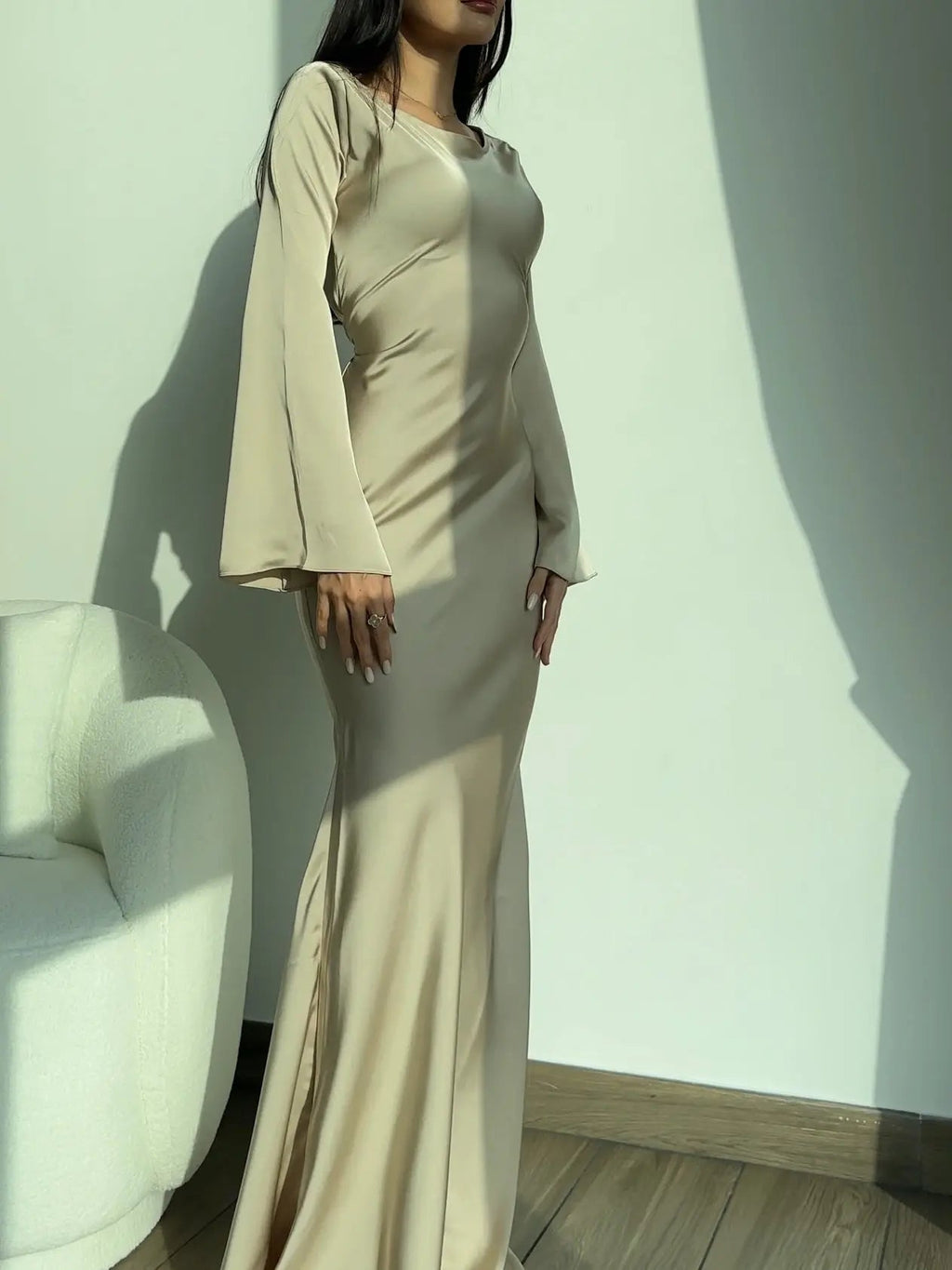 Elegant Wedding Guest Long Sleeve Satin Maxi Dress