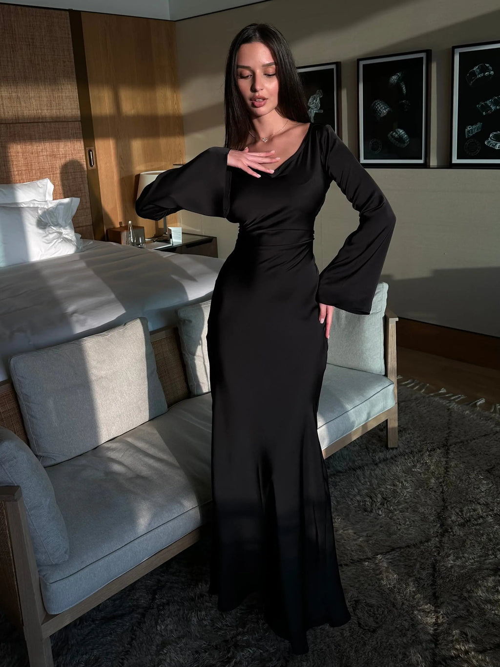 Elegant Wedding Guest Long Sleeve Satin Maxi Dress