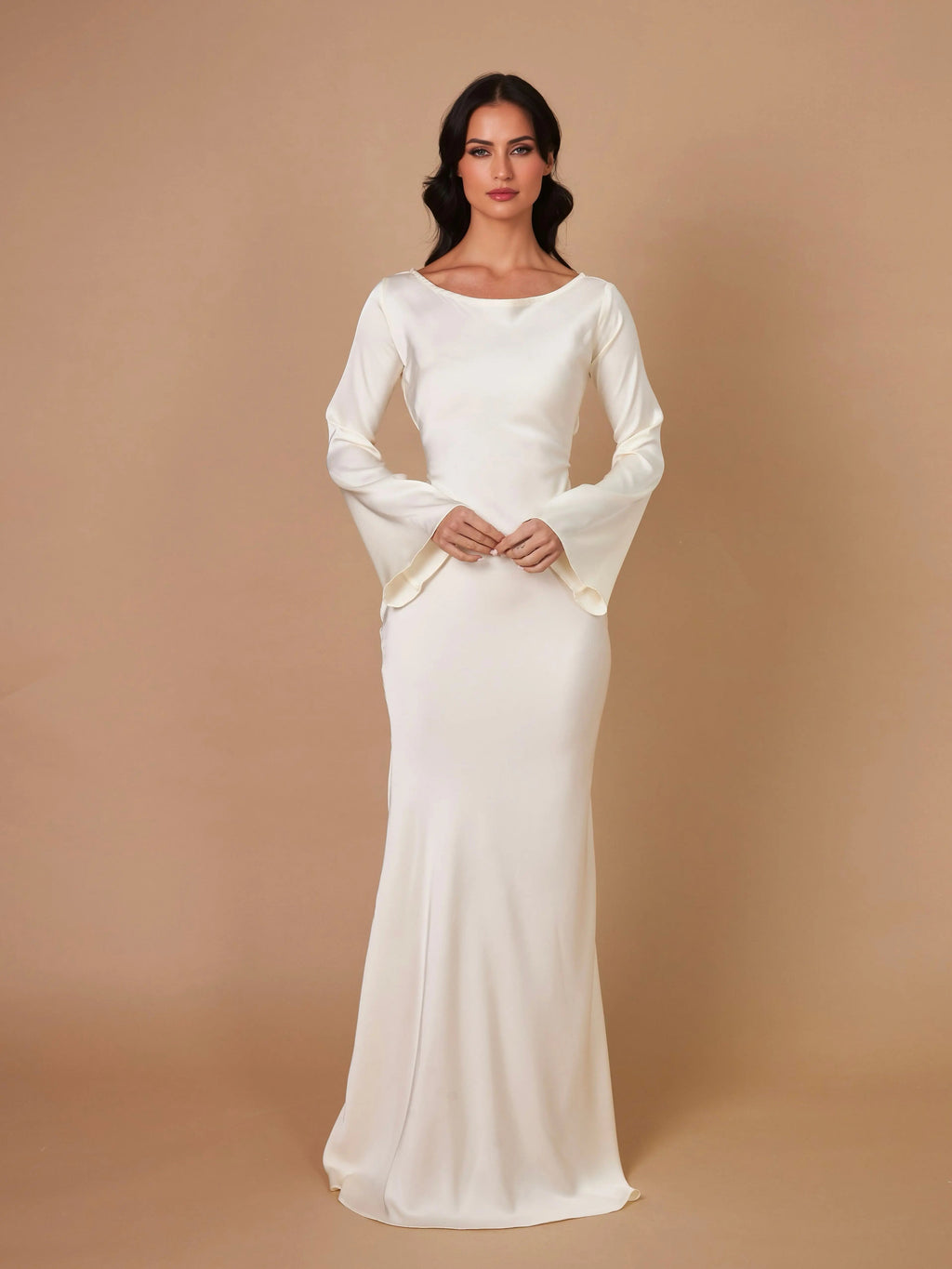 Elegant Wedding Guest Long Sleeve Satin Maxi Dress