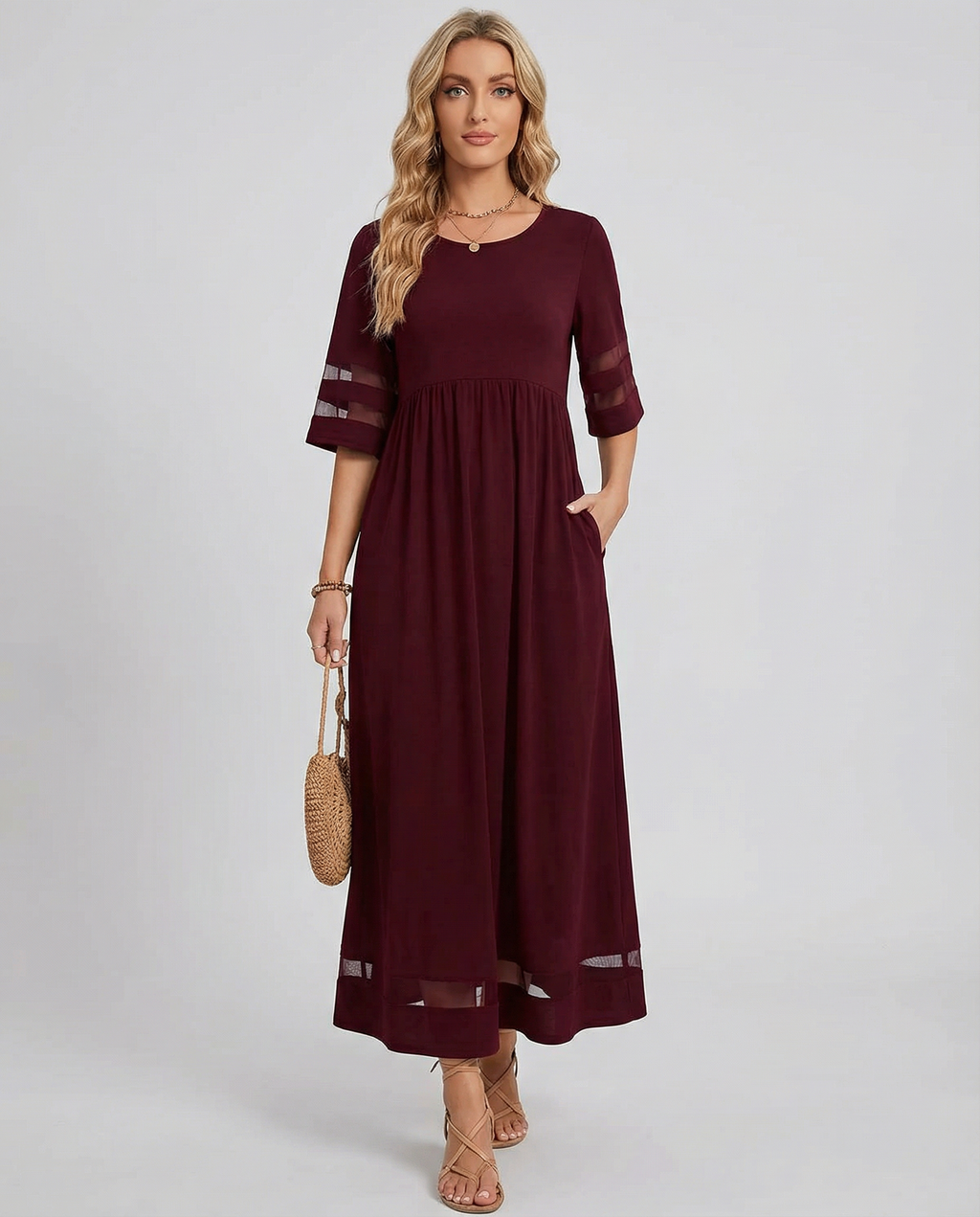 Flowing Midi Dress with Sheer Panels