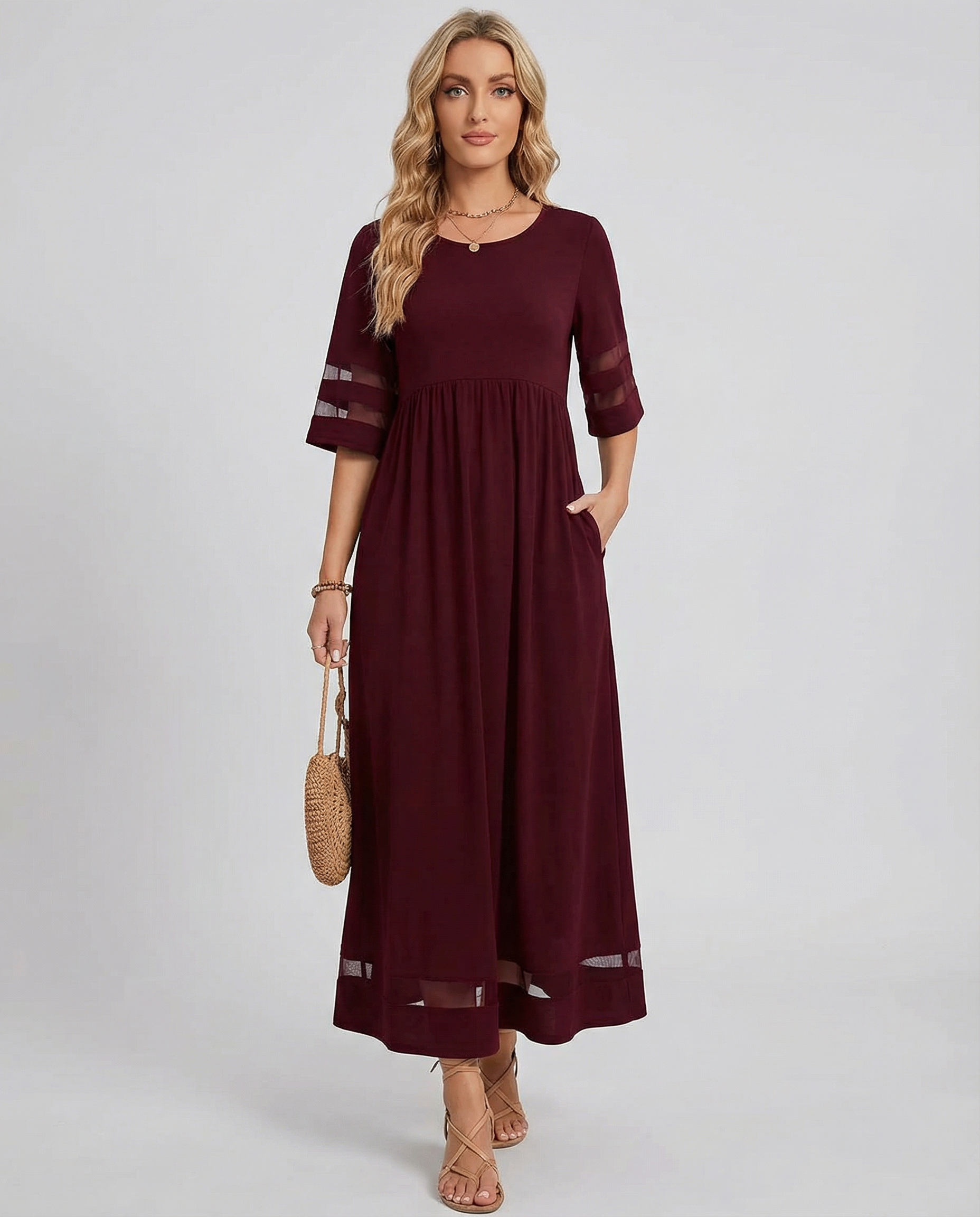 Flowing Midi Dress with Sheer Panels