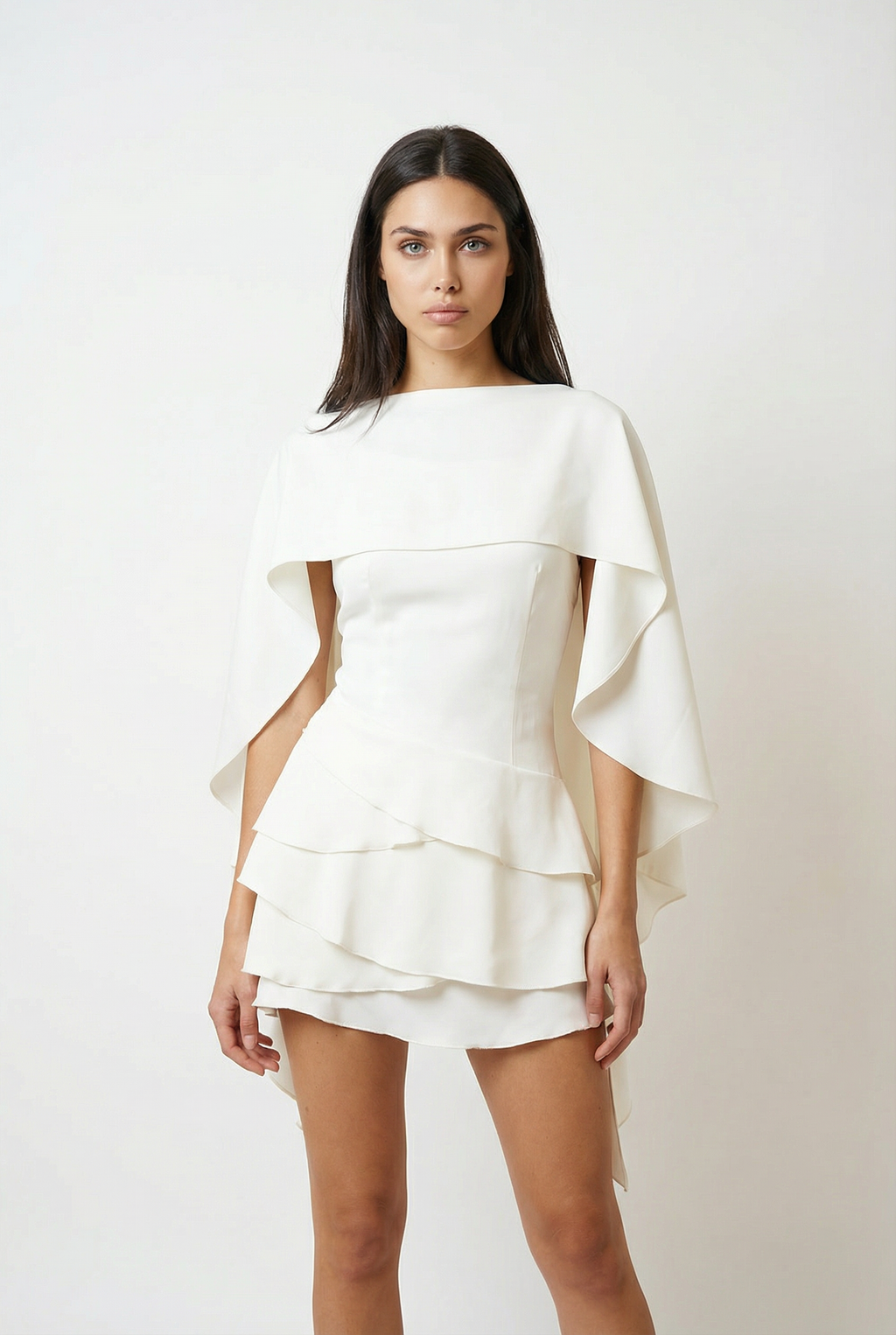 Satin Mini Dress with Layered Ruffles and Shawl Panel