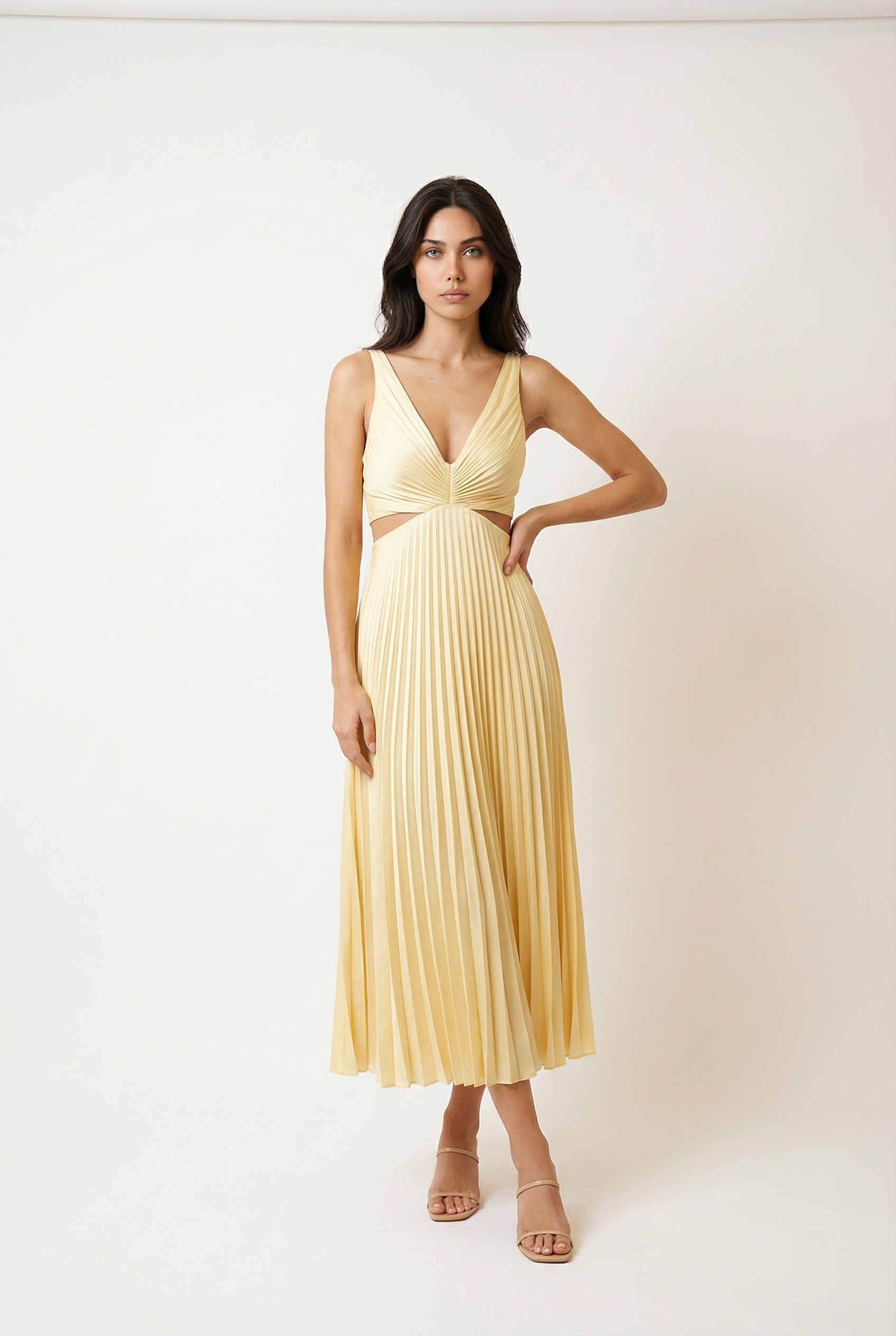 Pleated Midi Dress with Cut Out Waist