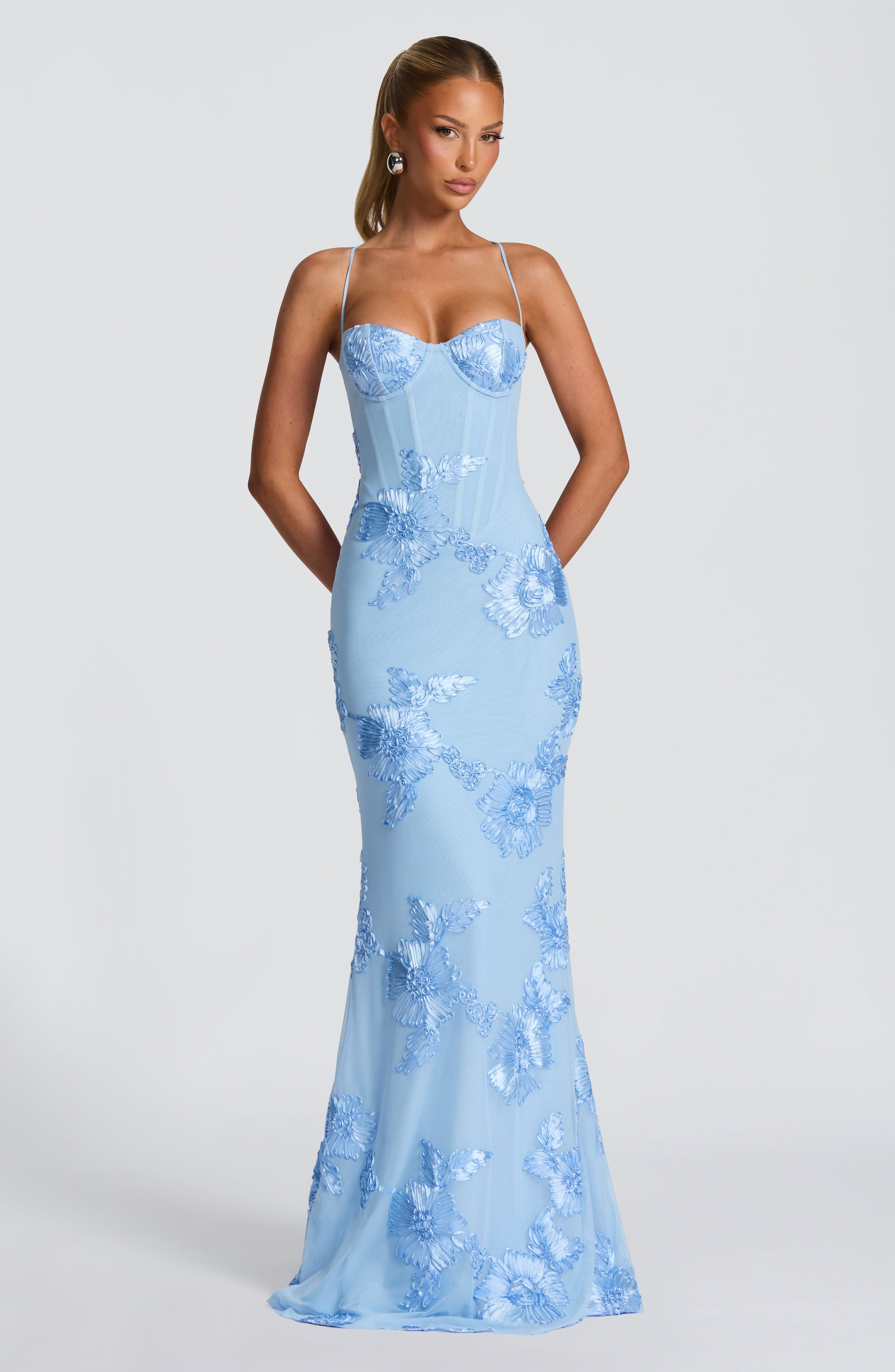Isla Floral Appliqué Corset Maxi Gown