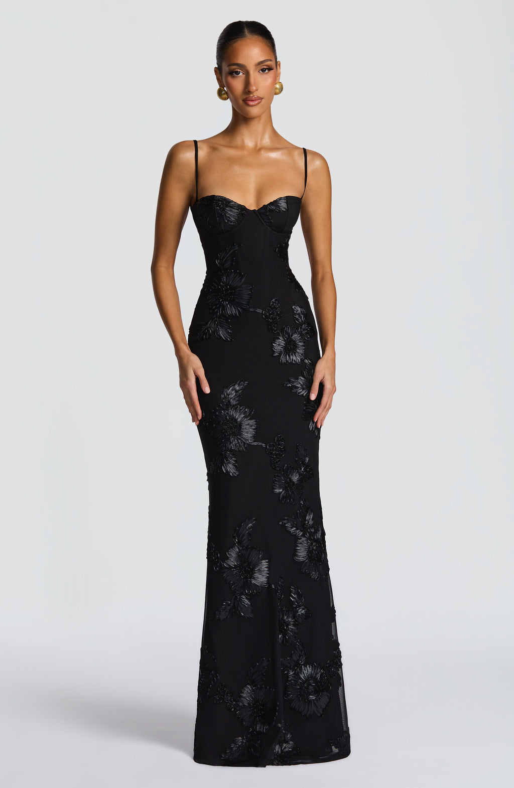 Isla Floral Appliqué Corset Maxi Gown