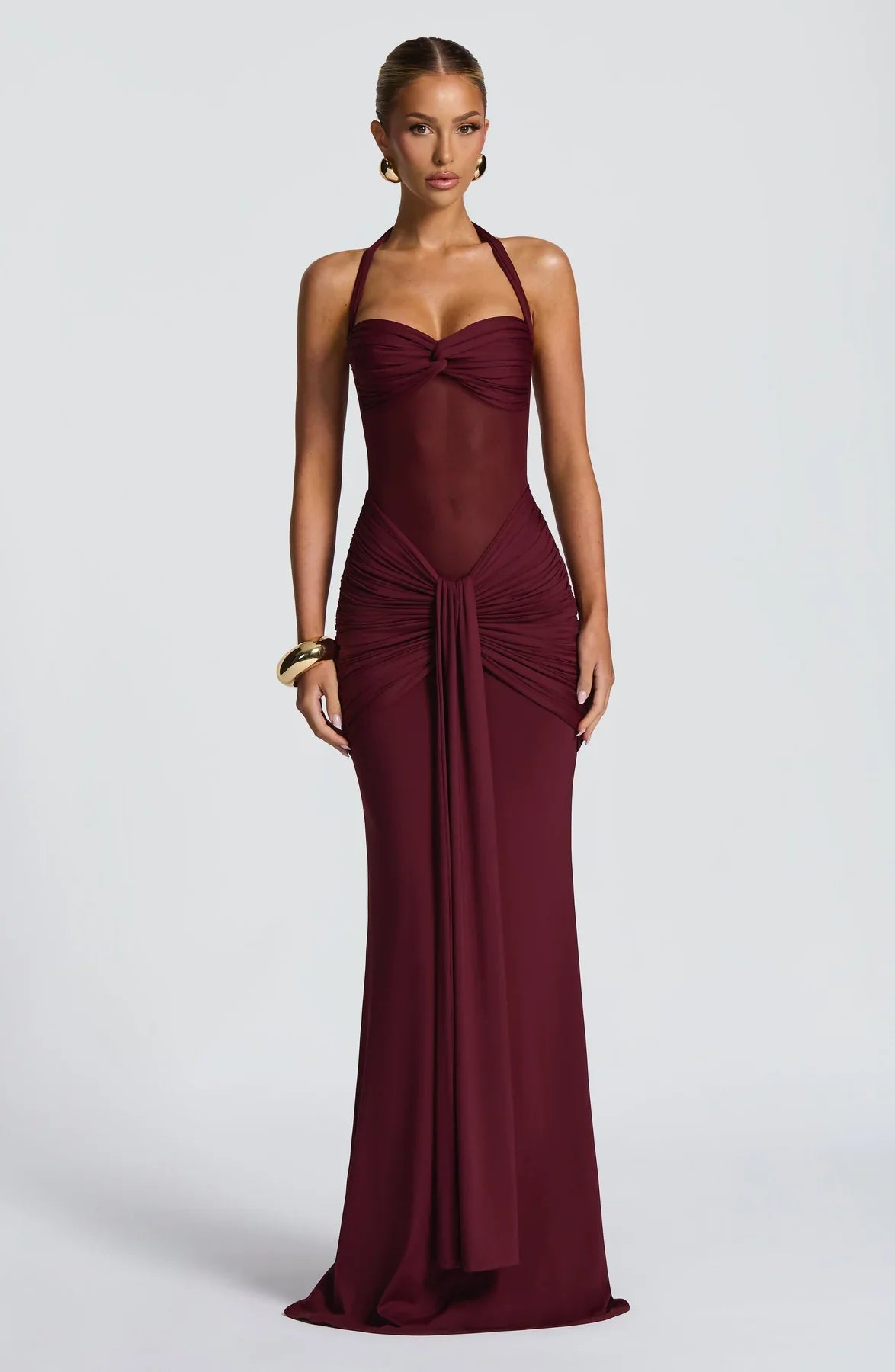 halter neck ruched maxi dress Halter Neck Backless Ruched Double Layer Maxi Dress In Brown Printed Slinky | EGO US