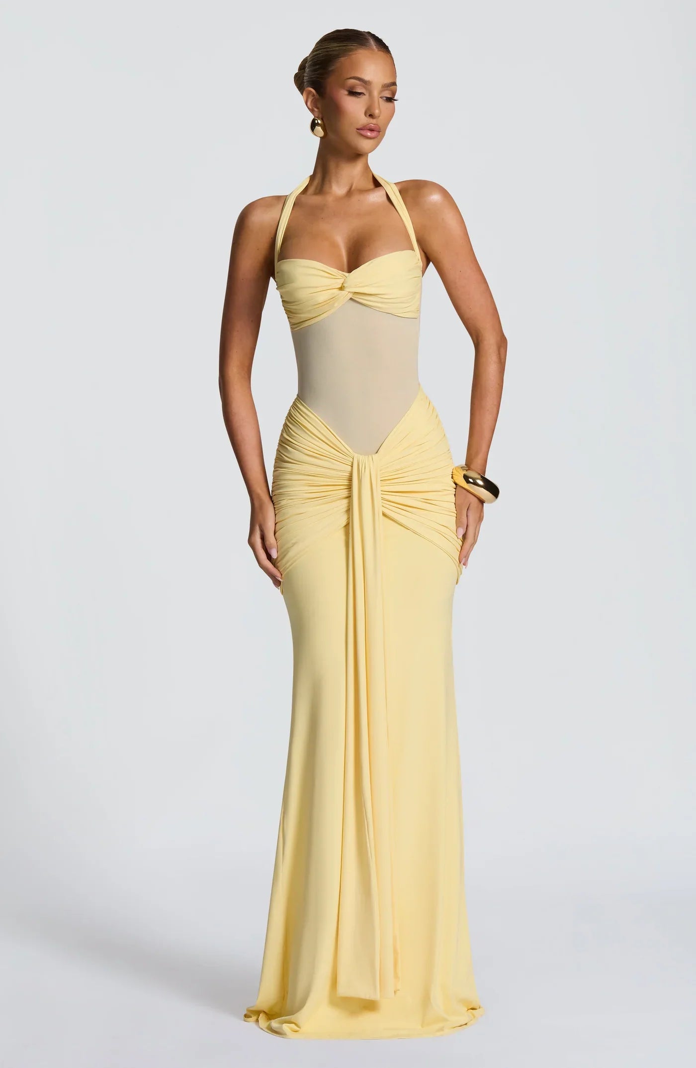 halter neck ruched maxi dress Draped Halter Neck Ruched Maxi Dress