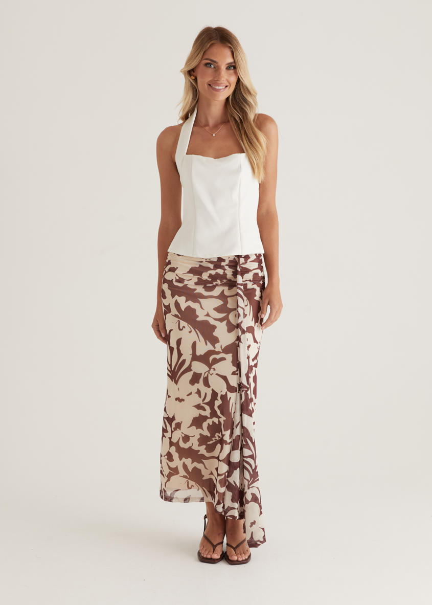 Printed Wrap Mesh Maxi Skirt