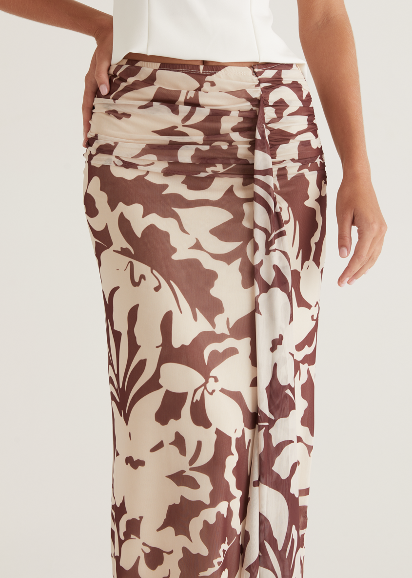 Printed Wrap Mesh Maxi Skirt