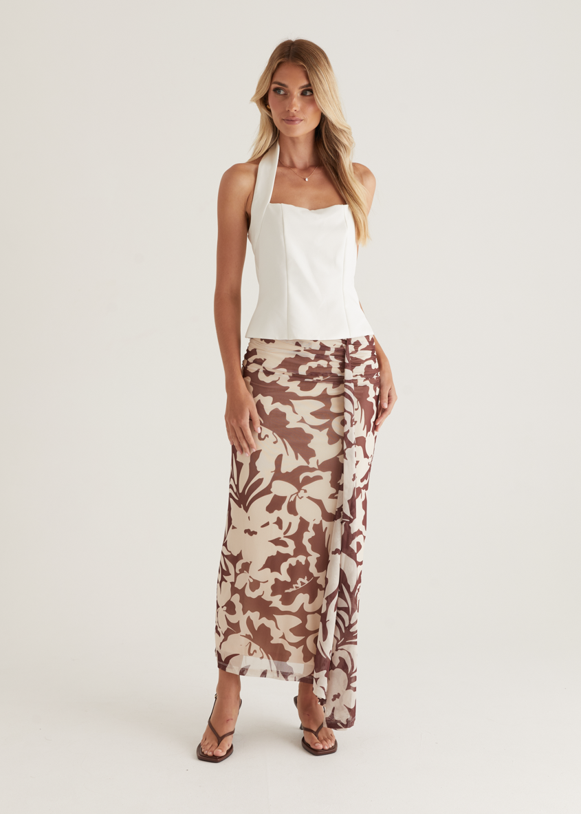 Printed Wrap Mesh Maxi Skirt