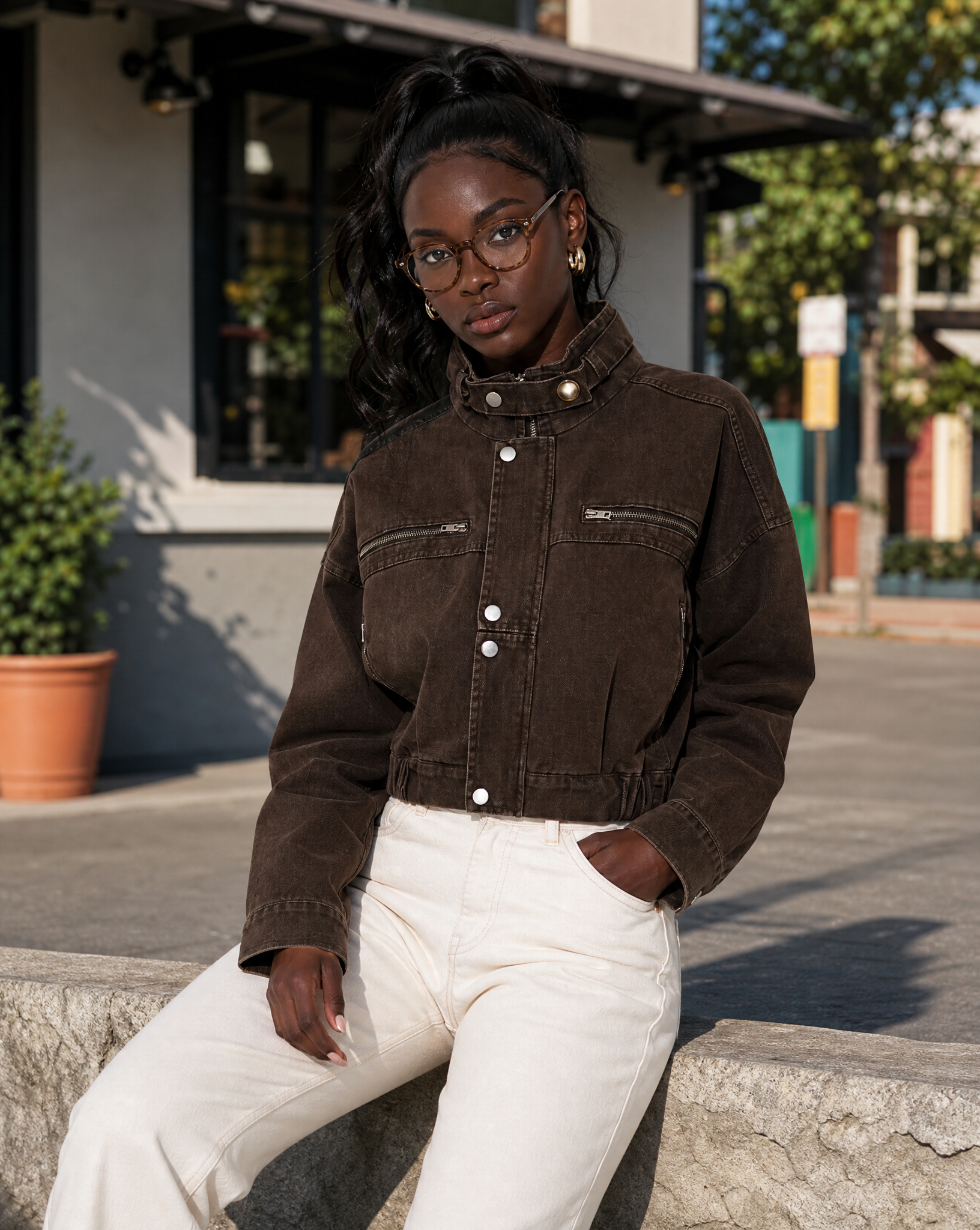 Cropped Zip-Front Denim Jacket