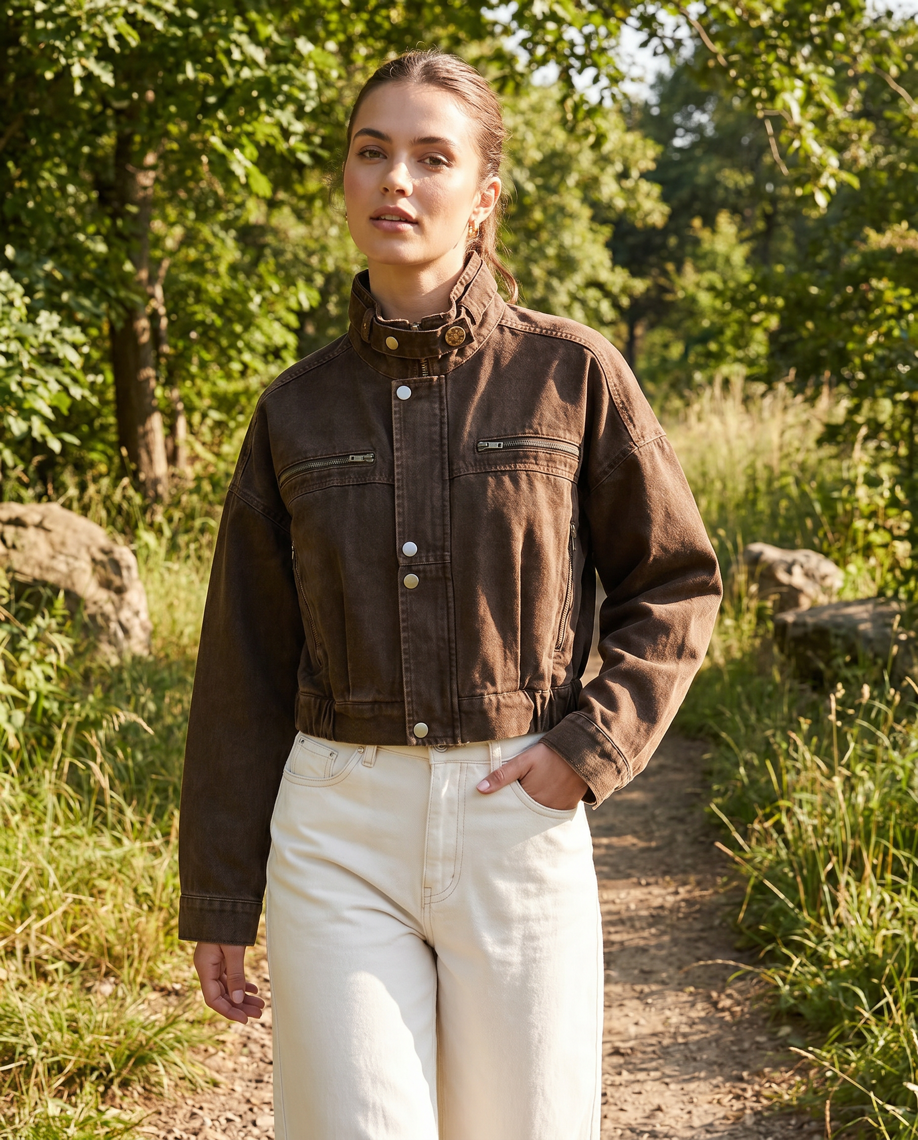 Cropped Zip-Front Denim Jacket